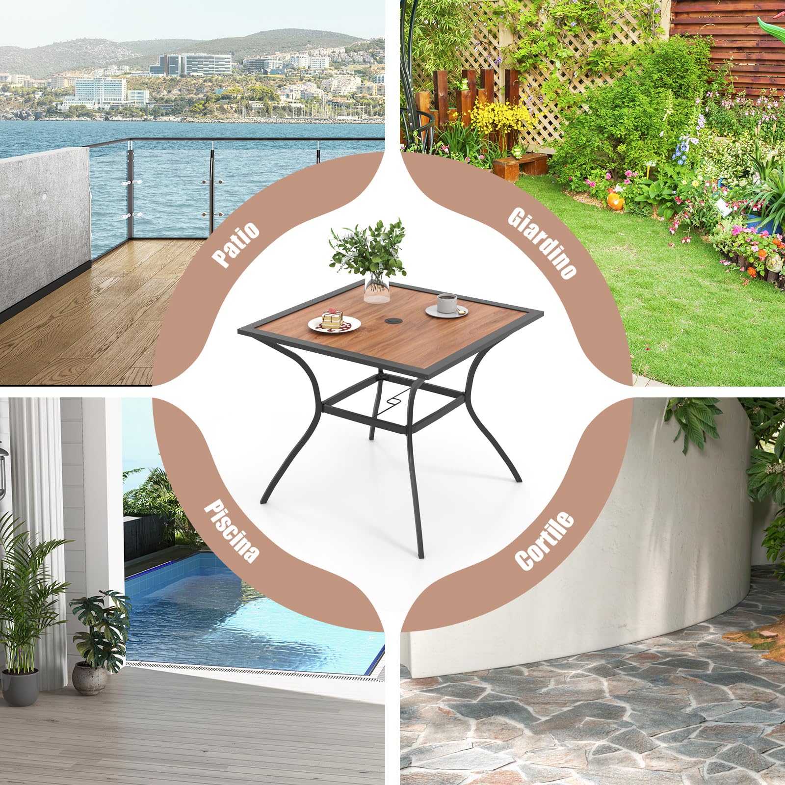 COSTWAY Tavolo da Pranzo da Giardino per 4 Persone con Foro per Ombrellone | Tavolo Quadrato da Esterno 85 cm con Piano in Legno e Telaio in Metallo, Portata 80 kg