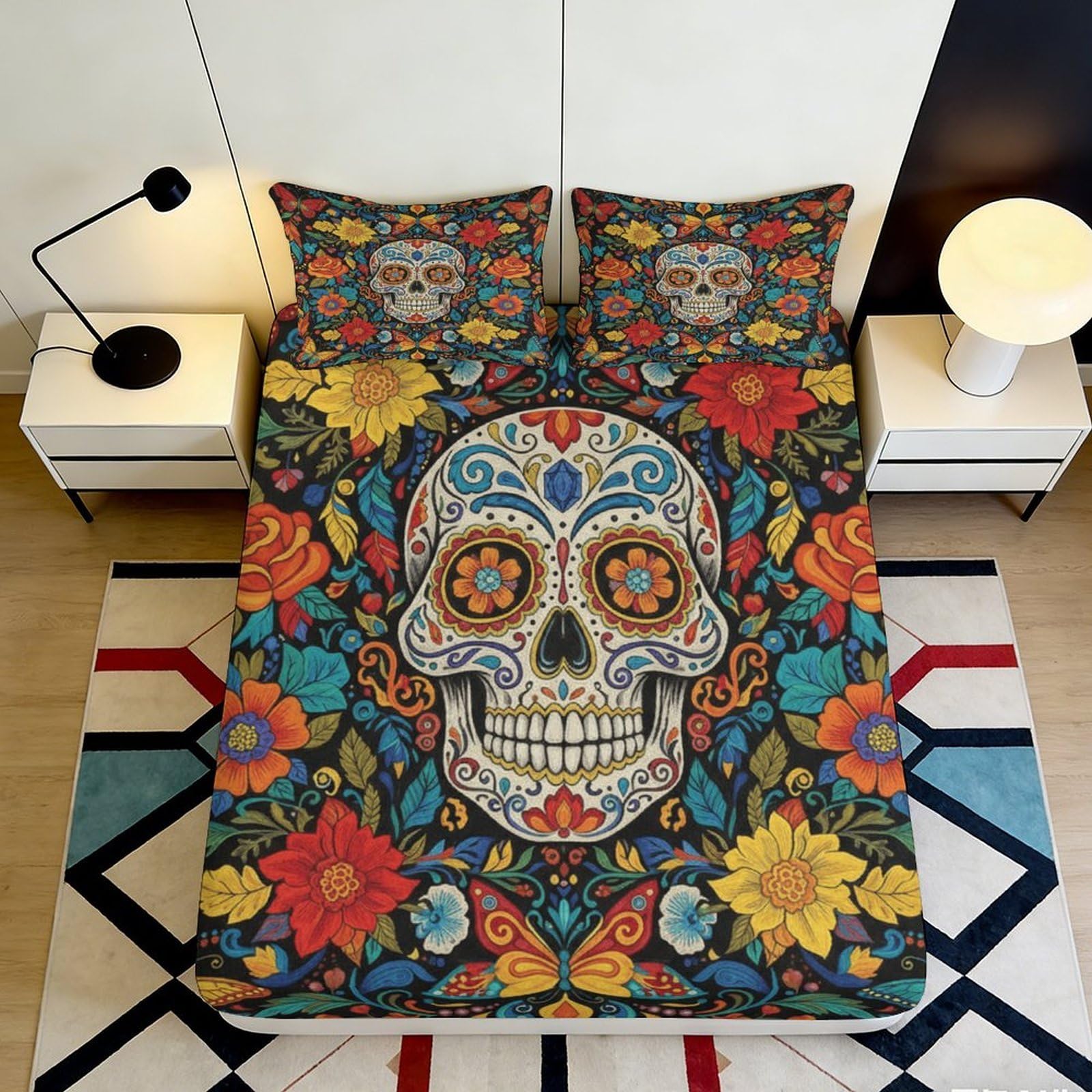 3D Printed Sugar Skull Fitted Sheet Microfiber Floral Mattress Cover Vibrant Colours Bedroom Dorm Decor Protection 120x200x25cm