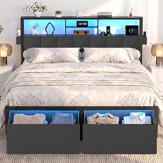 Queen Bed Frame with LED Lights, Storage Drawers and Charging Station, Upholstered Headboard with 2‑Tier Shelves, Heavy Duty Metal Platform, No Box Spring Needed, Noise Free, Easy Assembly
