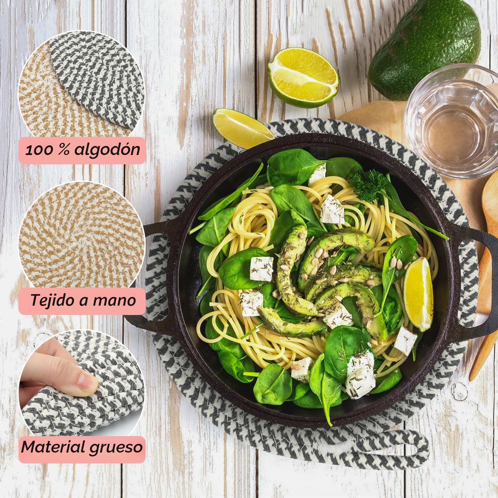 6 salvamanteles para ollas, salvamanteles de algodón, 20 cm, aislados, redondos, trenzados, para cocinar en cocina, cuencos, ollas, sartenes y platos (6 colores)