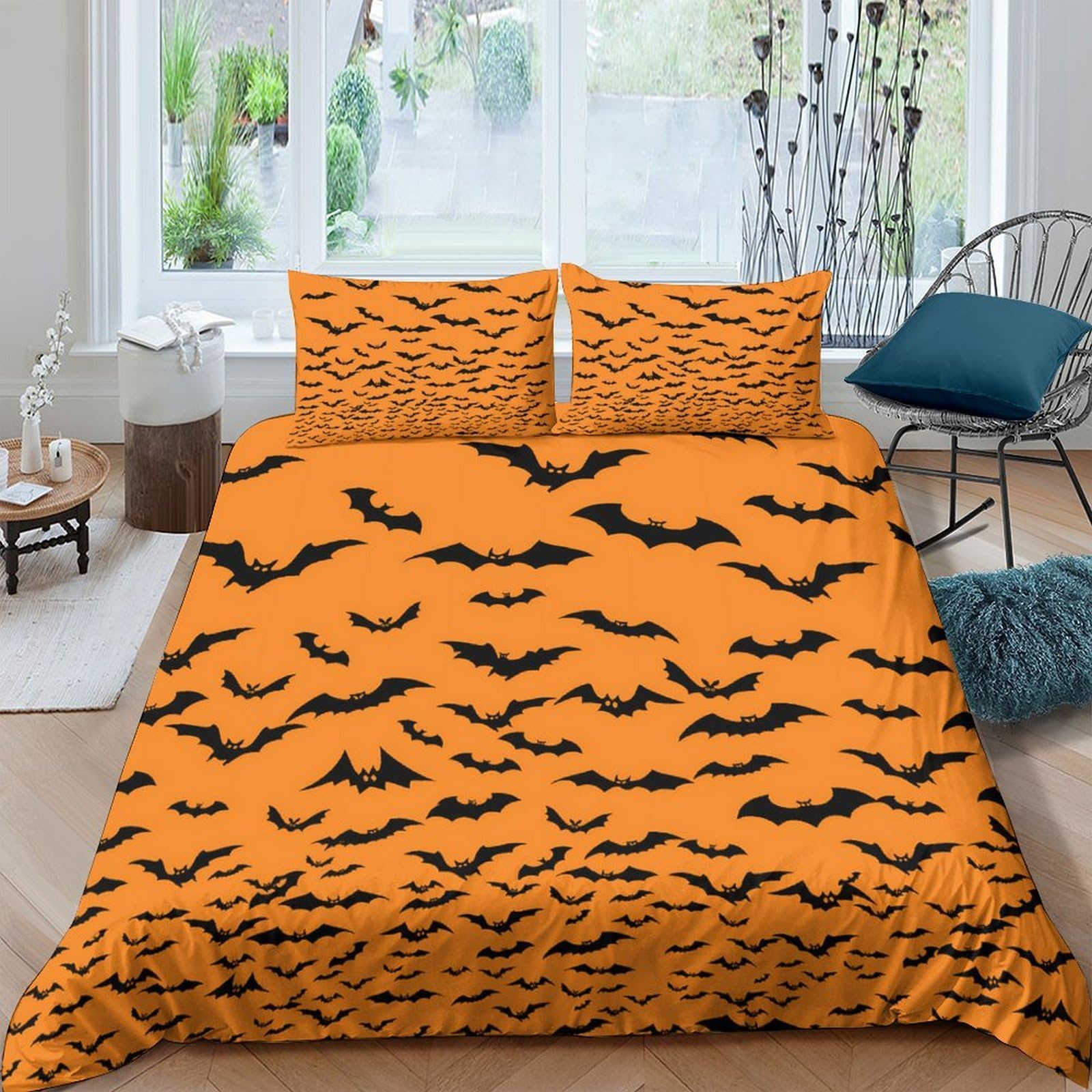 Ctjqhvkz Style-6 3D Printed Halloween Bats Fitted Sheet Microfiber Orange Black Bat Pattern Mattress Cover For Bedroom Dorm Decor Single（135X200cm）