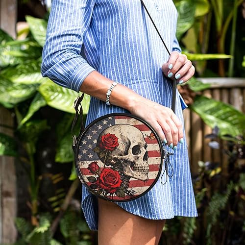 Miniatura 7 de Retro Skull and Red Rose Round Black Crossbody Bags for Womens Beauty with Adjustable Strap Side Bags Take a walk Canvas Messenger Purse
