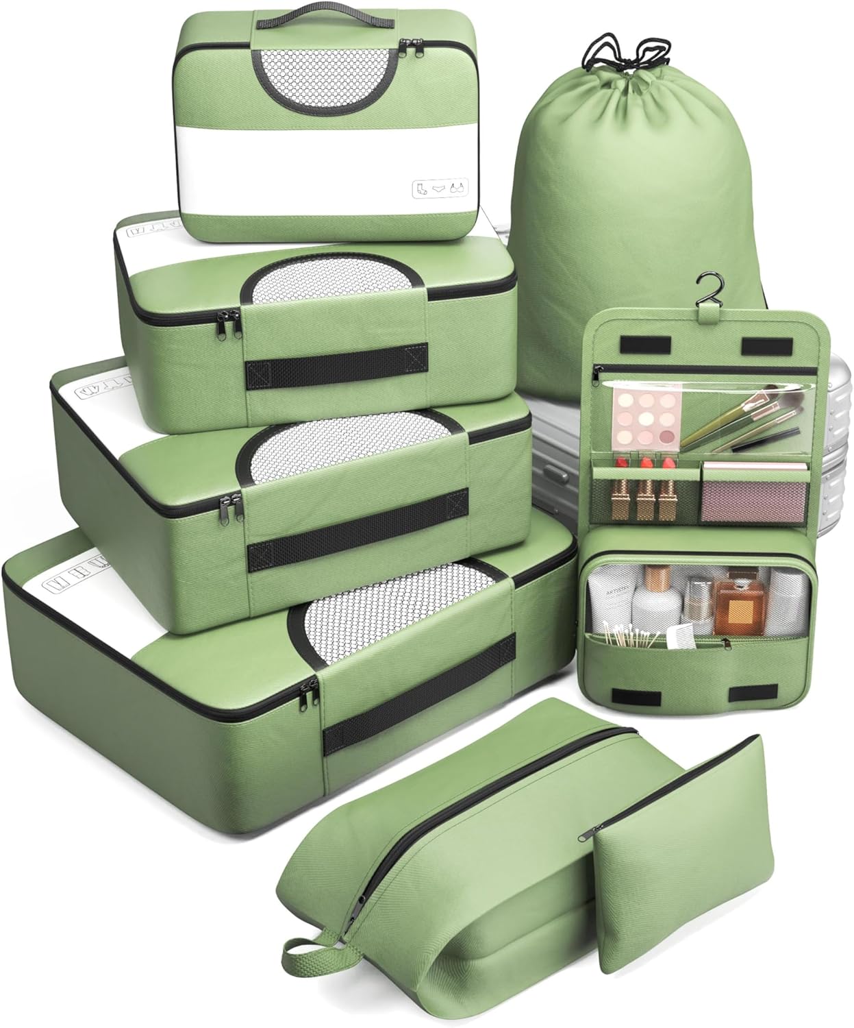 8 Set Packing Cubes for Travel, Luggage Organizer Bags for Carry On, Green