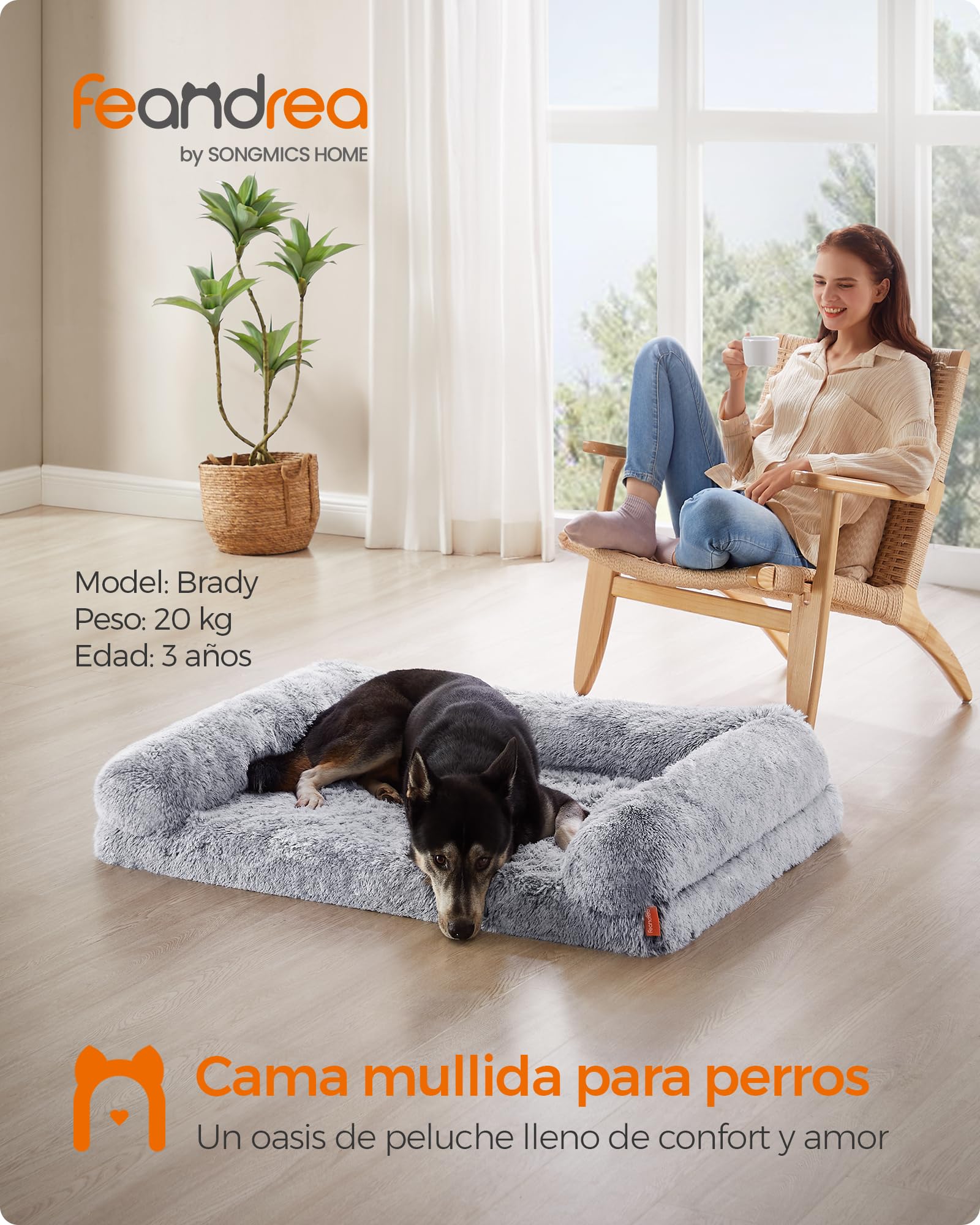 Feandrea FluffyHug Cama para Perros, XL Sofá para Perros Medianos y Grandes, Cama para Mascotas de Espuma con Funda Lavable Extraíble, 106 x 80 x 23 cm, Gris Ombré PGW233G01