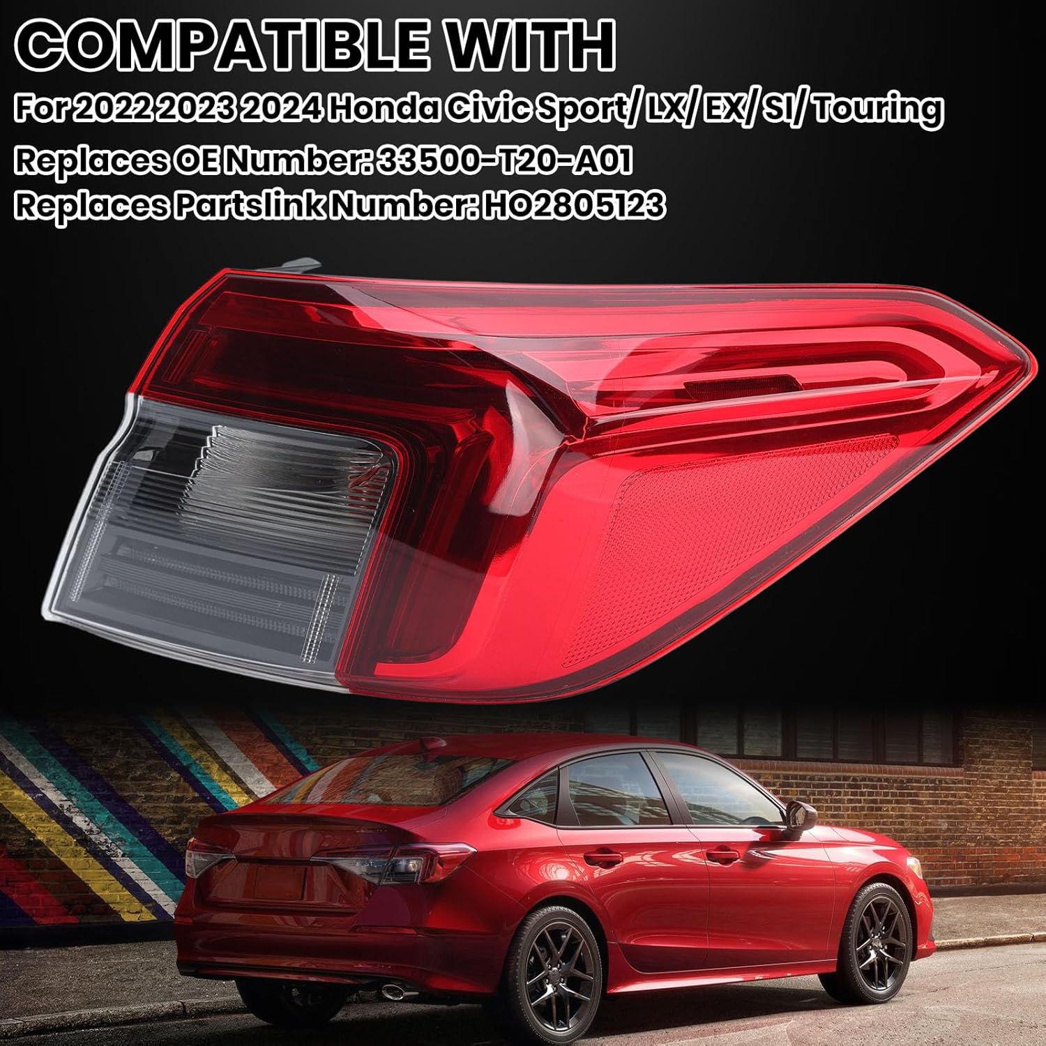 Tail Light Assembly Compatible with 2022 2023 2024 Honda Civic w/Bulbs Replace 33500-T20-A01 HO2805123 Right Passenger Side