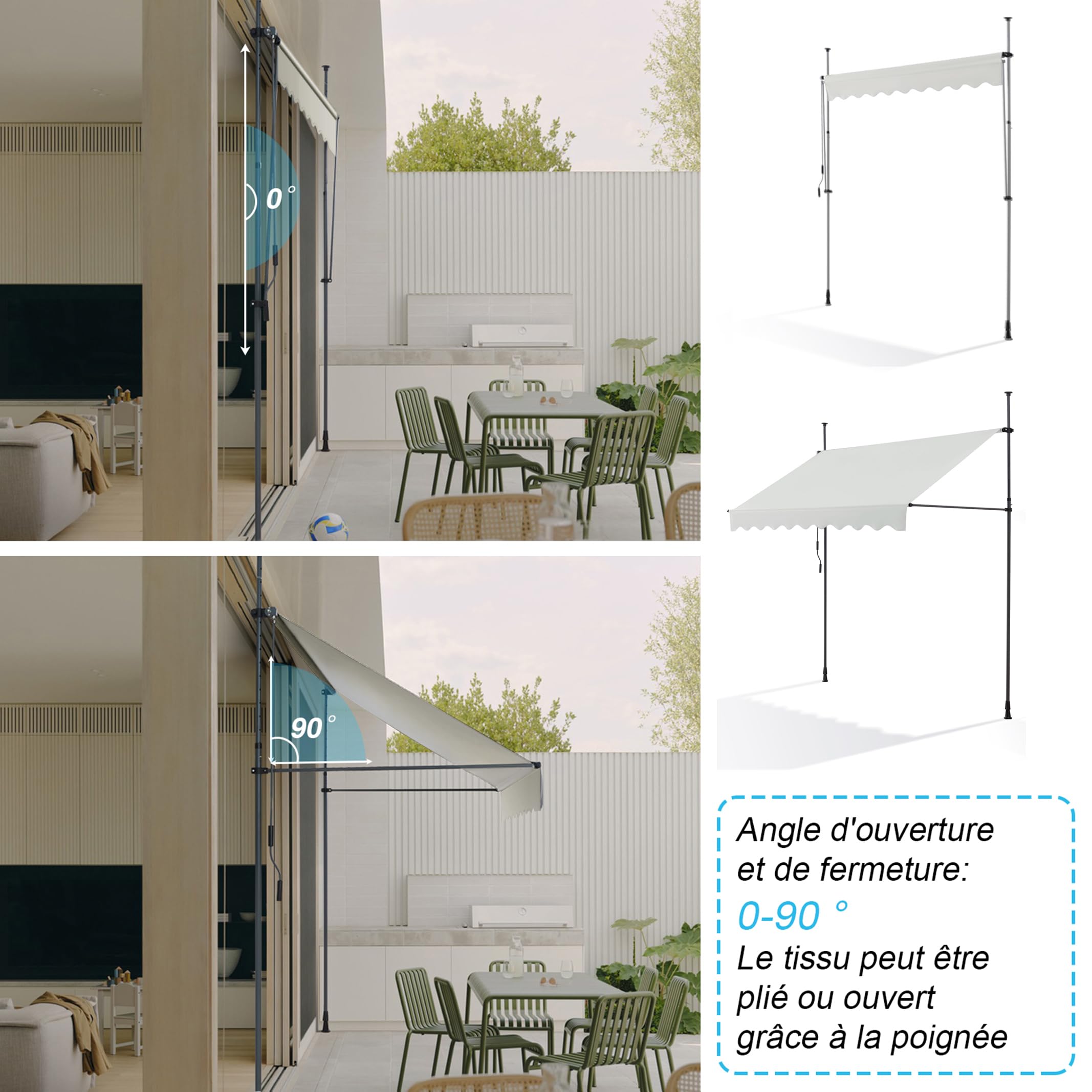 Canopée Store Banne Manuel Rétractable avec Manivelle, Auvent de Terrasse sans perçage, Protection Solaire Réglable pour Balcon, Terrasse, Jardin (Beige, 2.5m x 1.2m)