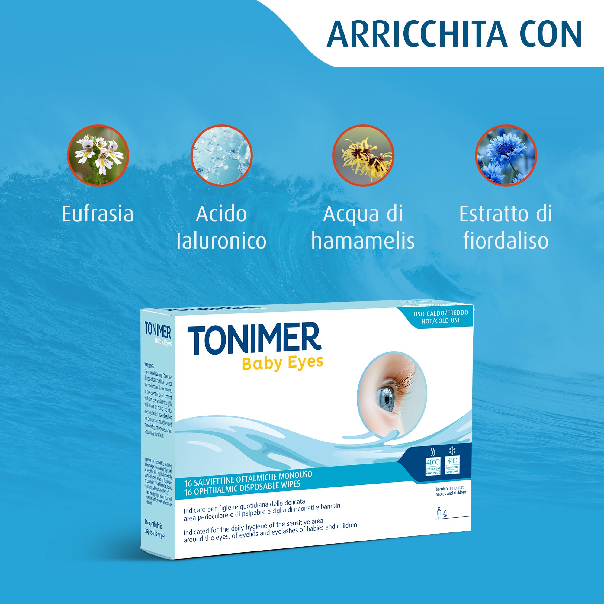 Baby Eyes Salviettine Oftalmiche Monouso 16 pz Igiene Delicata Area Perioculare Neonati Bambini con Eufrasia Acido Ialuronico Hamamelis Fiordaliso Senza Profumo Alcool