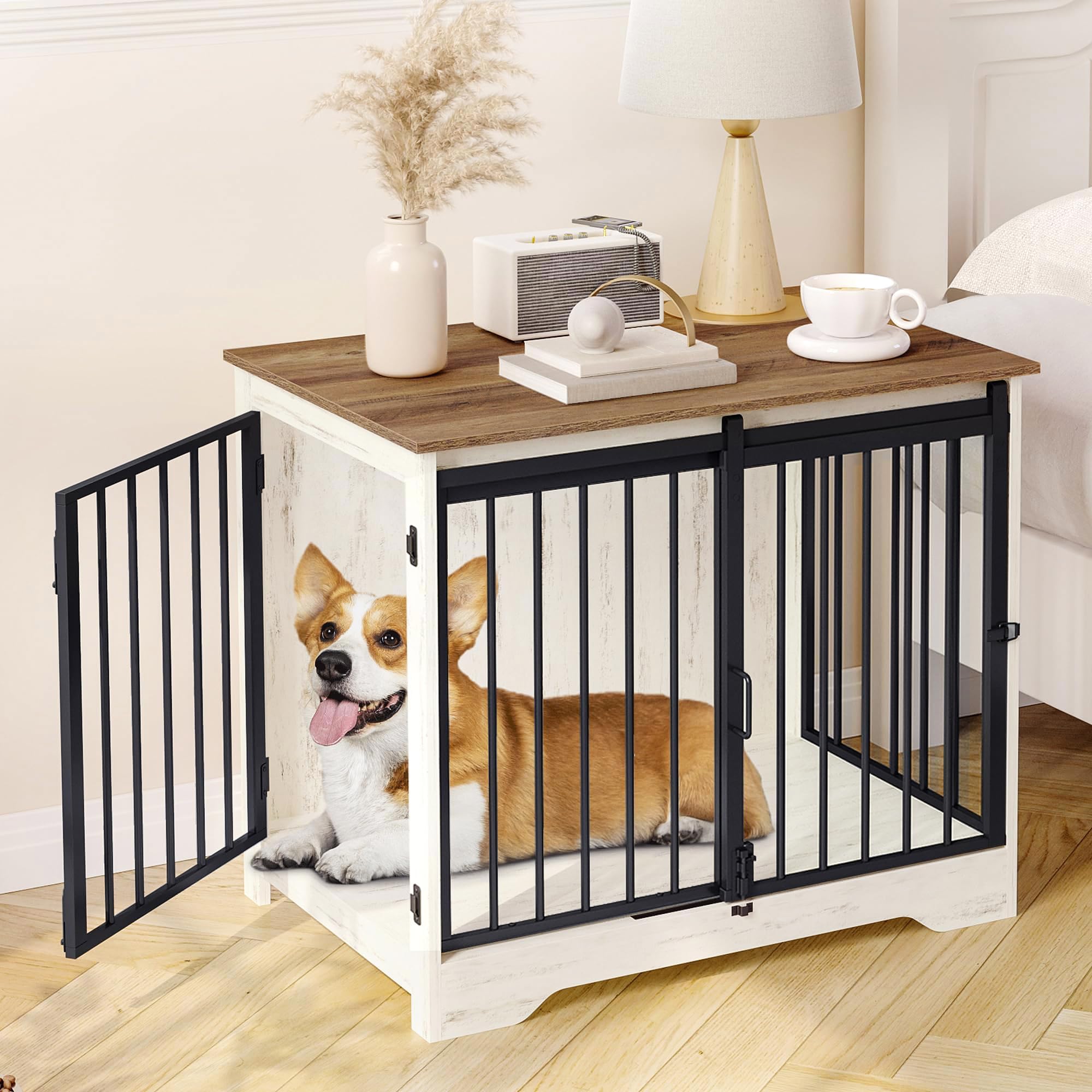 Hzuaneri 81cm Gabbia per Cani, Tavolo Supplemento, Nicchia Moderna per Cani, Gabbia per Cuccioli, Casetta per Animali, 2 porte, 55 x 81 x 67,5 cm, Bianco e Marrone DFC83614B