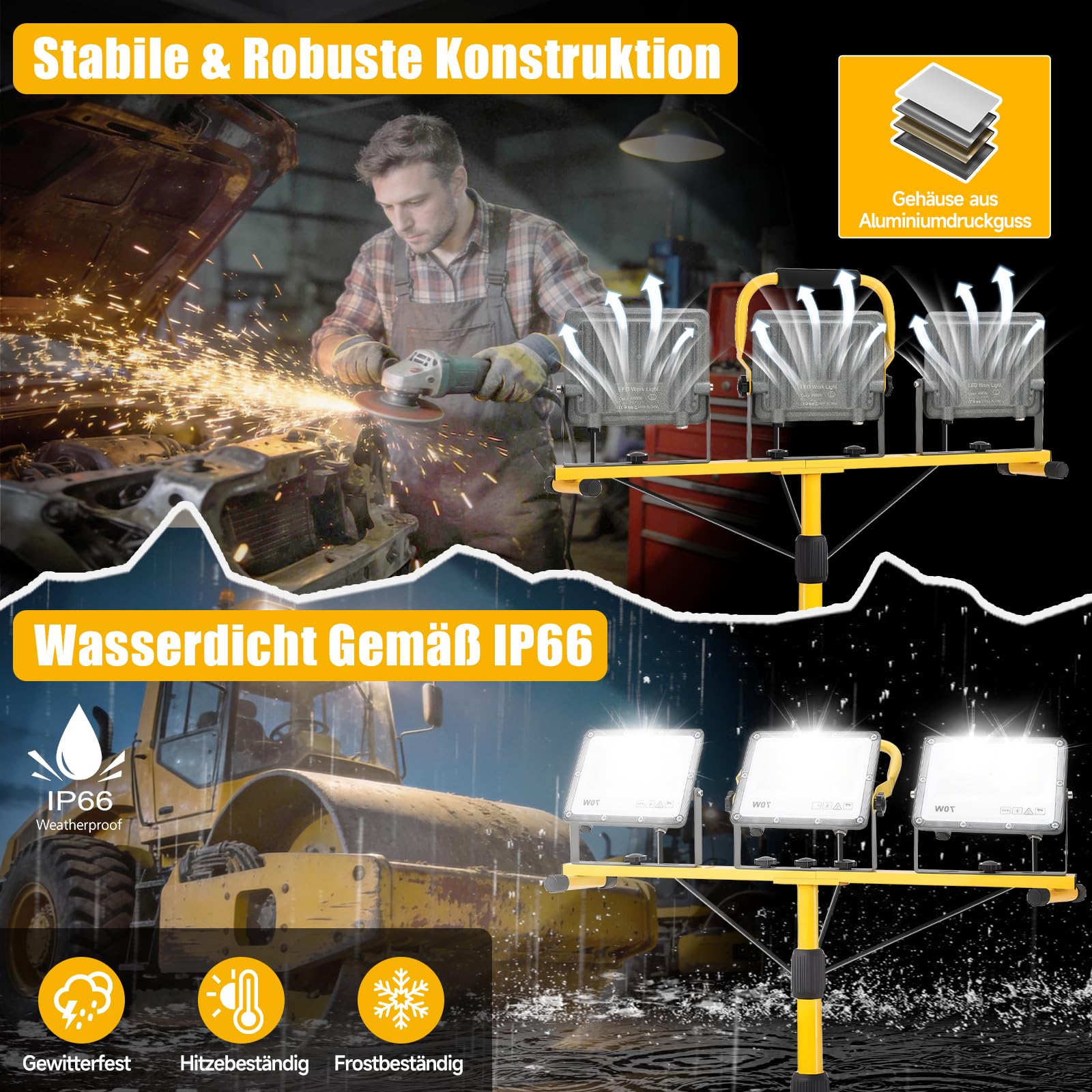 Yofuly Baustrahler LED mit Stativ 3×70W 21000LM, 3 Verstellbare Köpfe Baustellenlampe IP66 Wasserdichte, Baulampe mit 5m Kabel für Garage Werkstatt Baustelle, PC-Linsen | Höhenverstellbar 160cm