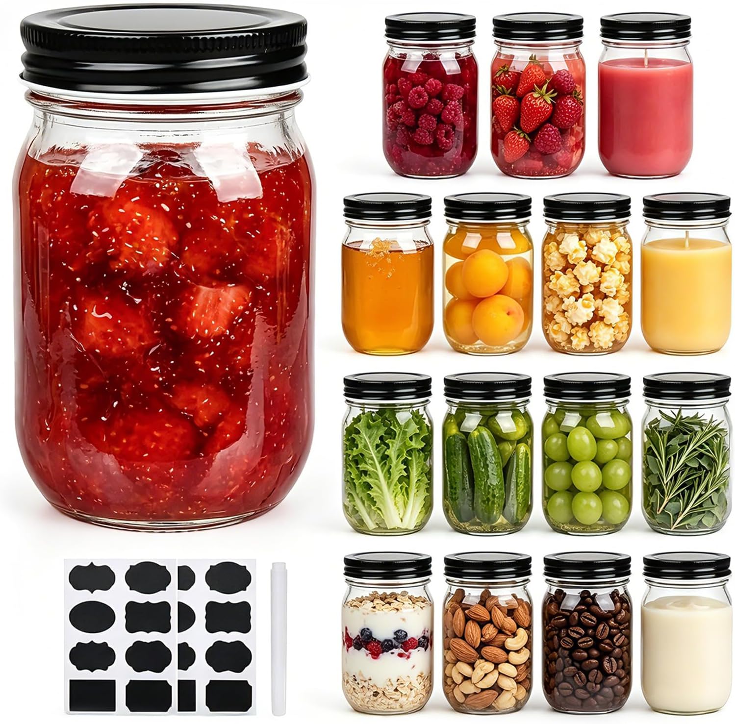 QAPPDA 16 oz Glass Jars With Lids, Wide Mouth Mason Jars,Glass Storage Jars For Food,Canning Jars For Pickles,Herb,Jelly,Jams,Honey,Kitchen Canisters Dishware Safe 16 Pack