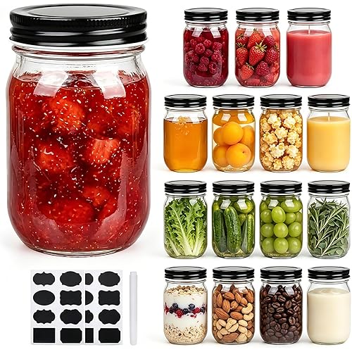 QAPPDA 16 oz Glass Jars With Lids, Wide Mouth Mason Jars,Glass Storage Jars For Food,Canning Jars For Pickles,Herb,Jelly,Jams,Honey,Kitchen Canisters Dishware Safe 16 Pack
