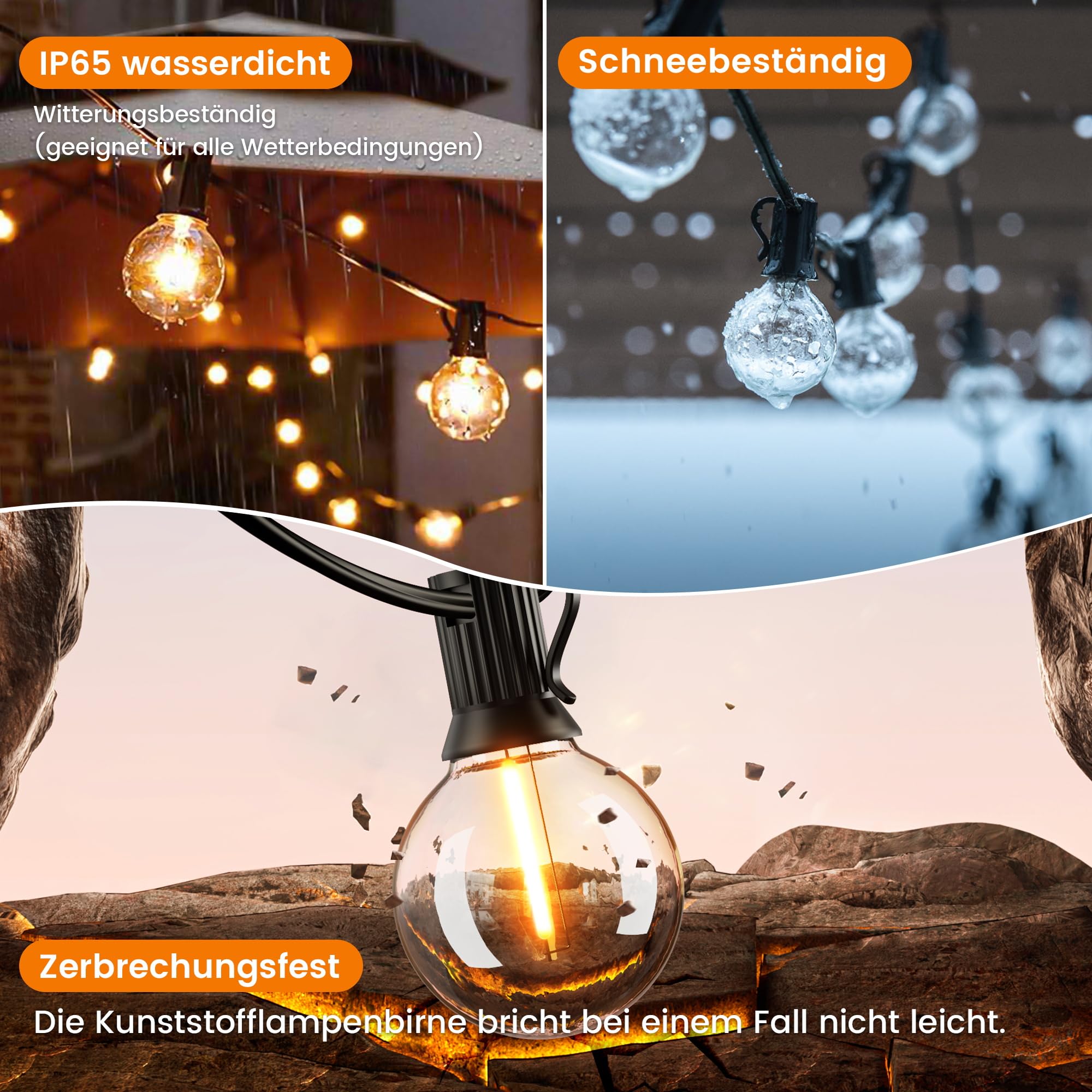 LED łańcuchy świateł zewnętrzne 33 m z 52 żarówkami, G40 plastikowe kule 2200K ciepła biel, regulowalne, wodoodporne, łączy się do ogrodu, patio, werandy i imprez kawowych, złączko E12