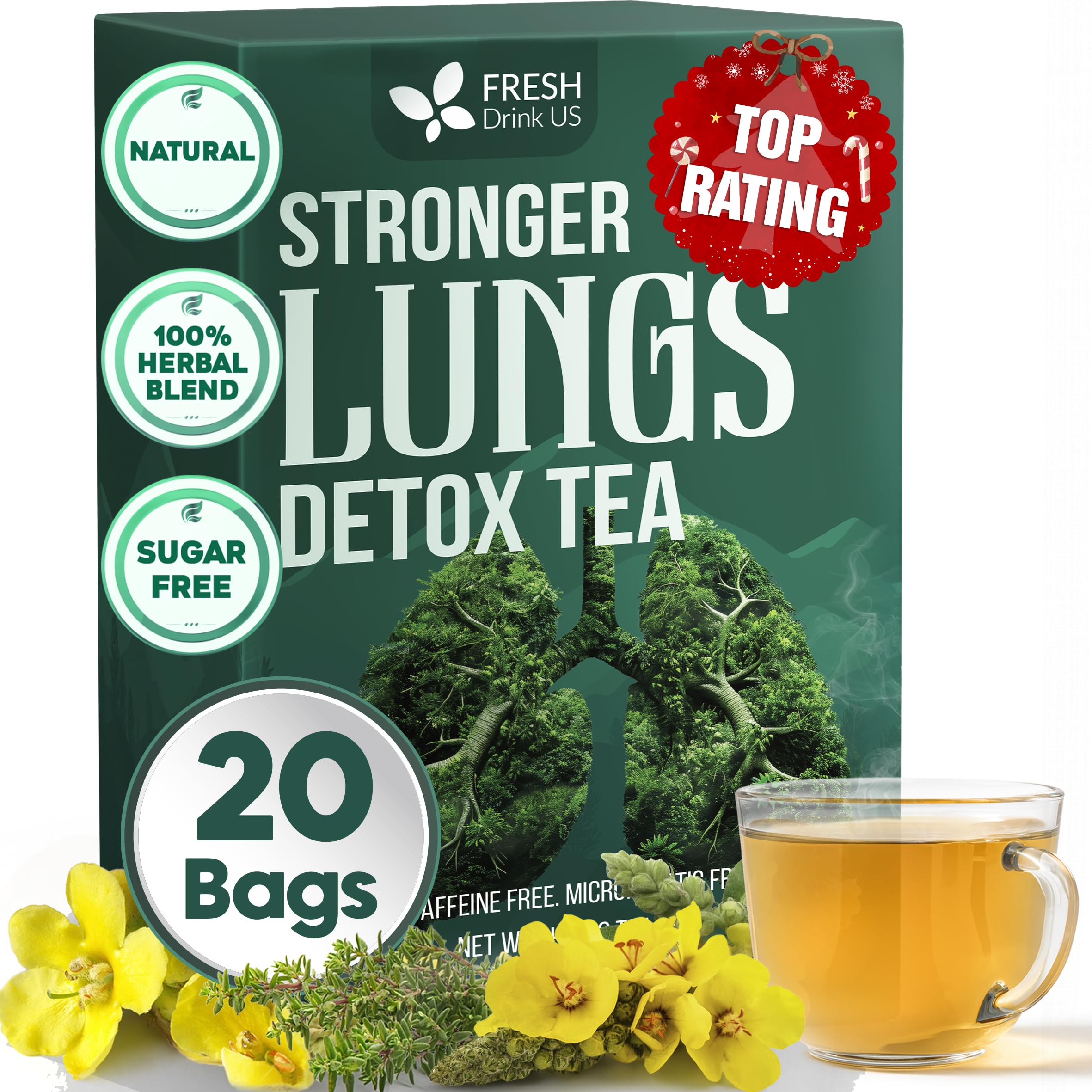 FreshDrinkUS StrongerLungs 20 Tea Bags - Mullein Leaf, Ginseng, Elderberry, Ginger & Thyme - Supports Lung Cleanse, Congestion Relief & Mucus Detox - Caffeine-Free & All-Natural