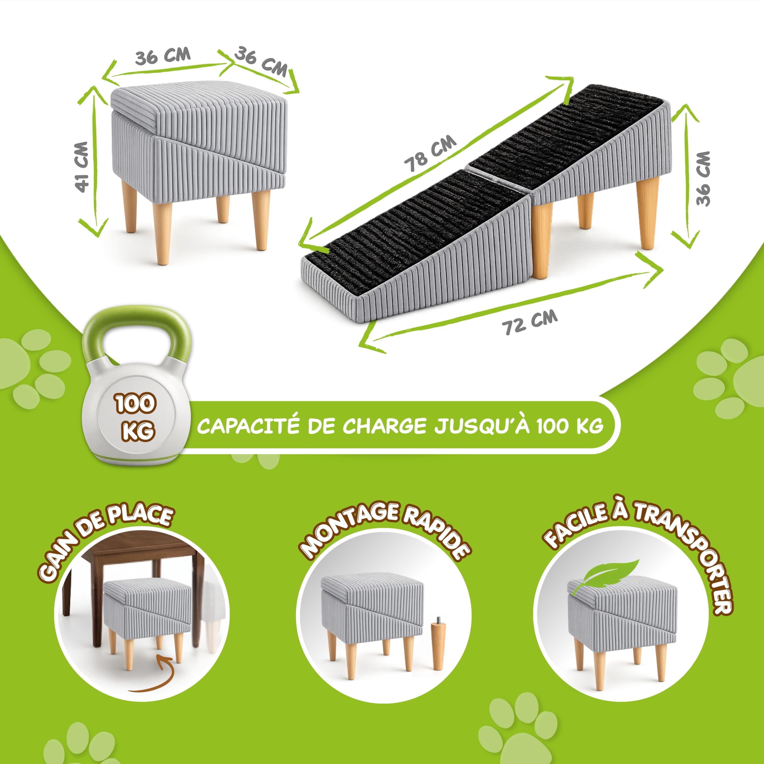 Siège & Escalier pour Chien Antidérapant 2 en 1 – Rampe et Marches pour Chiens & Chats Âgés – Marche ou Fauteuil – Mobilier Pliable et Esthétique pour Intérieur - 36 cm de Hauteur, Effet Cuir, Beige