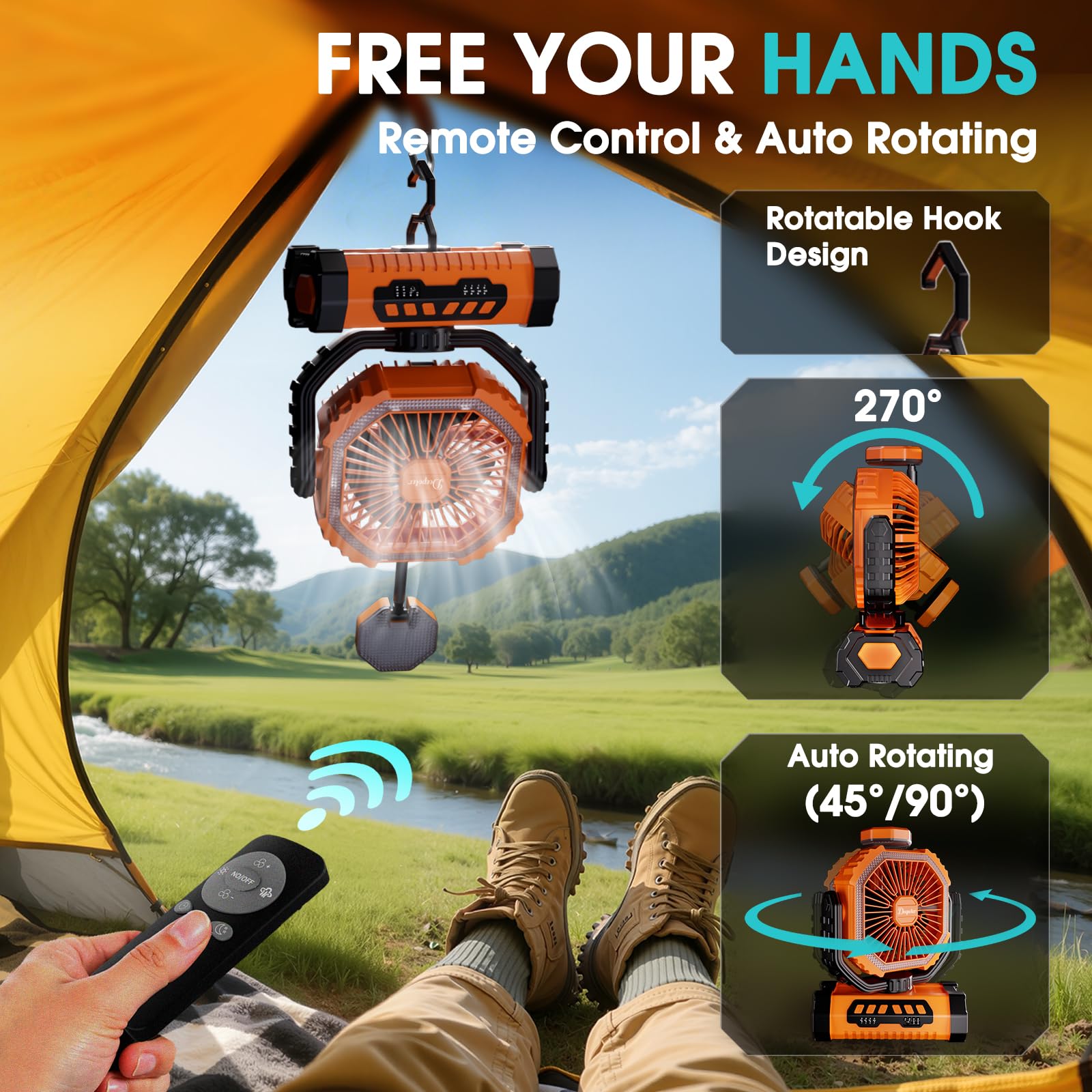 Camping Ventilator 20000mAh, Wiederaufladbarer Tischventilator USB Ventilator mit LED Licht & Haken, 270° Drehung mit Fernbedienung, Camping Fan für Indoor, Outdoor, Zelt, Grillen, Strand - Orange