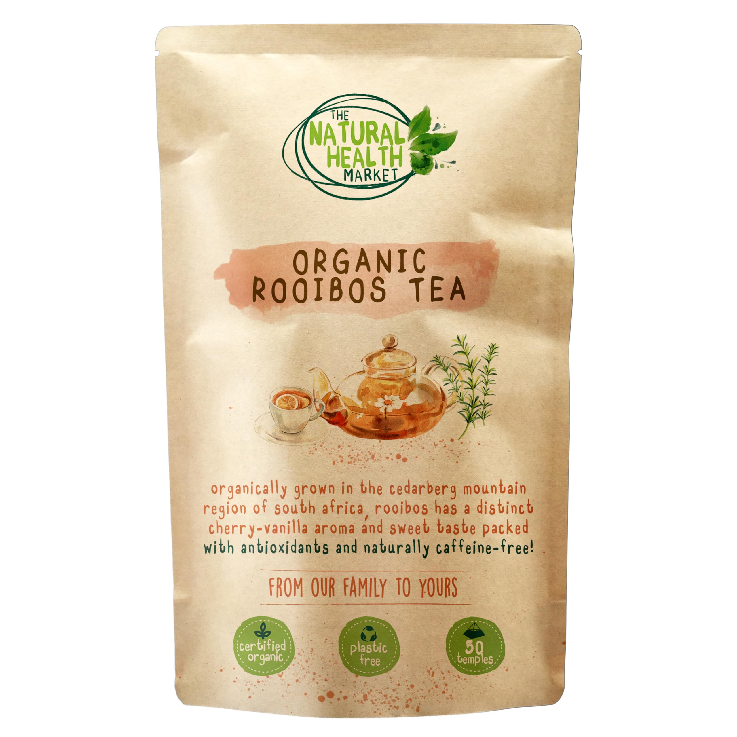 Organic Rooibos Tea aka Redbush Tea Bags By The Natural Health Market - Plant-Based Pyramid Tea Bag - (50 Tea Bags)Soil AssociationSoil AssociationSoil Association