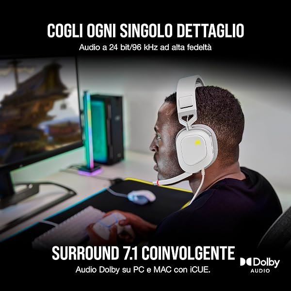 Corsair HS80 RGB USB Cuffia Gaming con Microfono Premium con Audio Surround 7.1, Microfono Broadcast Omnidirezionale, Controlli per Volume e Mute sul Padiglione, Illuminazione RGB Dinamica, Bianco - 2