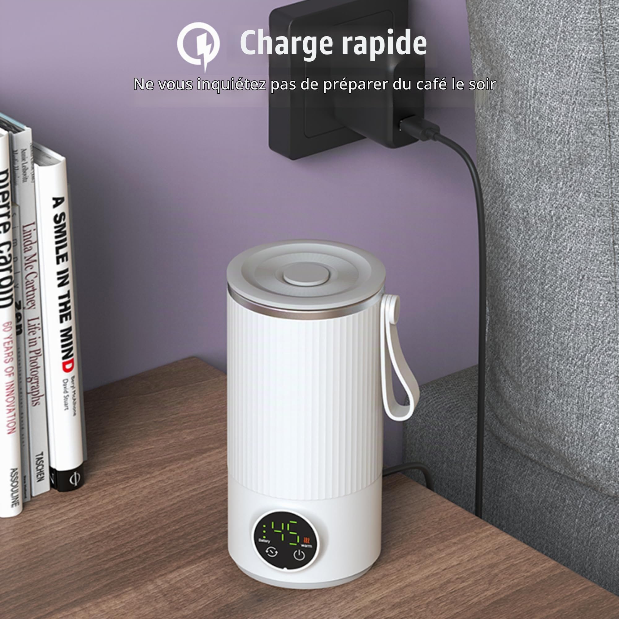 Bewinner Bouilloire électrique de Voyage 400 Ml – Mini Bouilloire Portable, Mini Bouilloire sans Fil 6000 MAh Rechargeable avec 4 Vitesses, Chaudière à Eau Chaude de Voyage en Acier