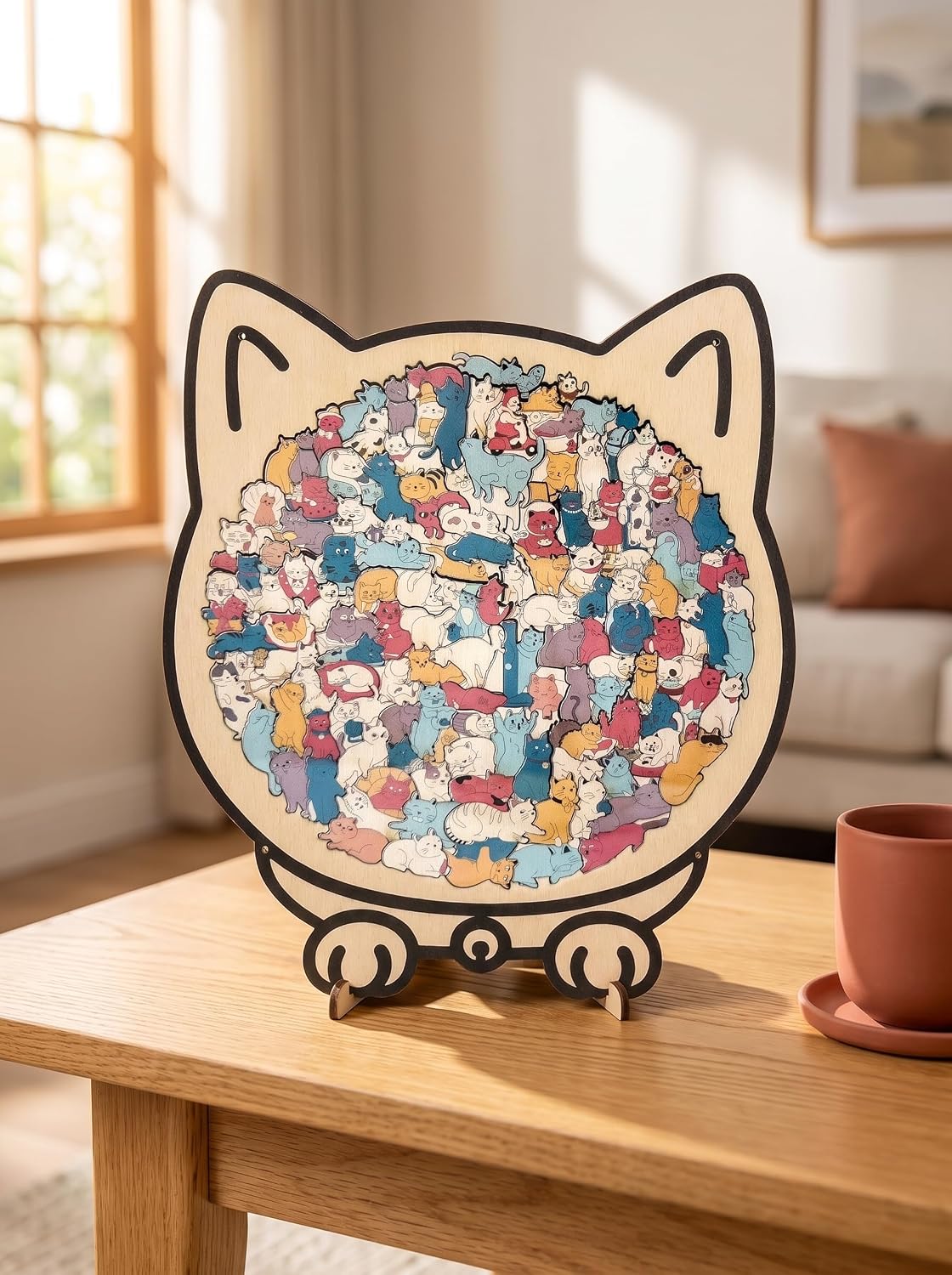 Macron Cat Shaped Wooden Jigsaw Puzzles with Acrylic Cover