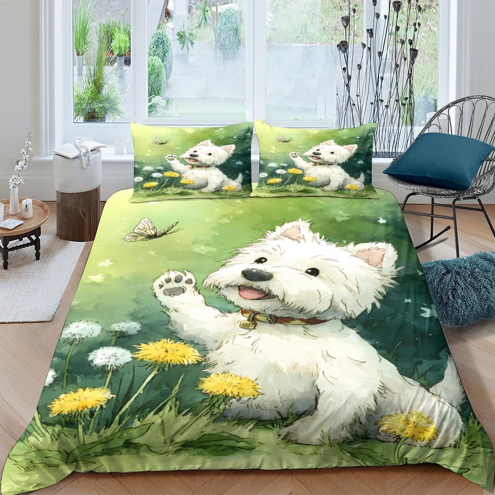 Ctjqhvkz Style-8 3D Printed White Puppy Fitted Sheet Microfiber Soft Green Meadow Bed Sheet Anti-Slip Machine Washable For Bedroom Guest Room Decor Single（135X200cm）