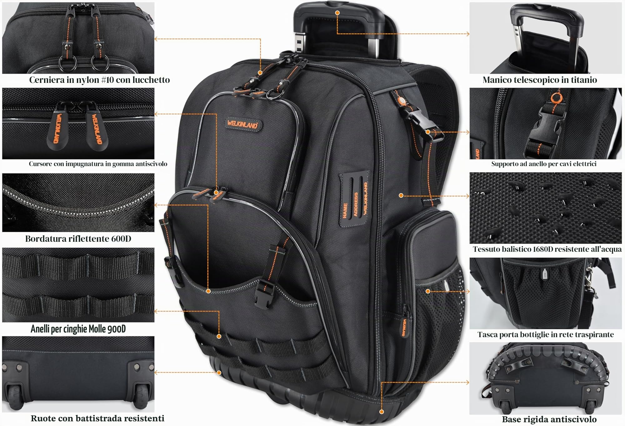 WELKINLAND Zaino porta attrezzi con 72 tasche e rotelle, Grande borsa porta attrezzi con ruote, Borsa porta attrezzi per elettricisti con rotelle per uomini