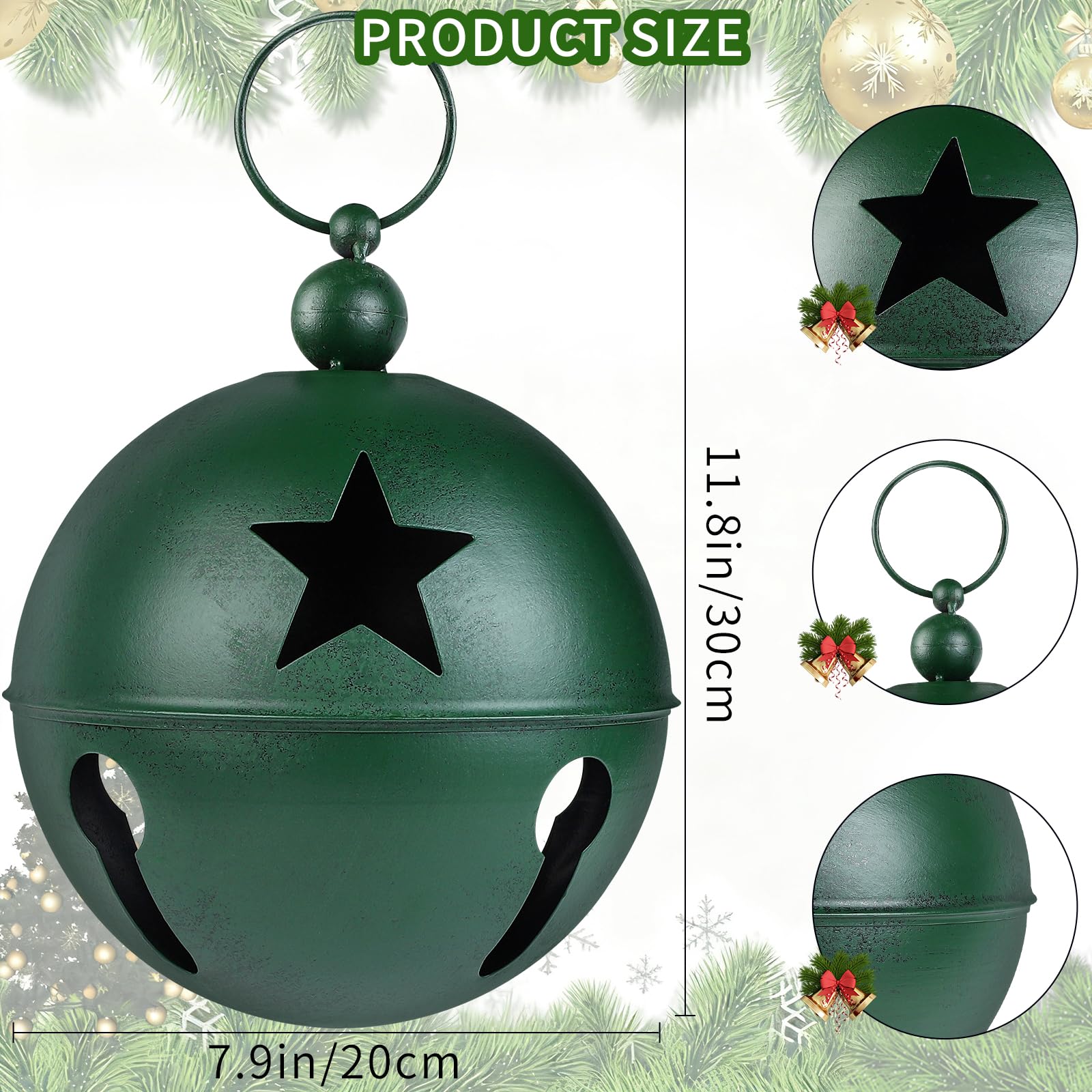 YiYa Grandes Cloches de Décoration de Noël Grande Cloche d'Artisanat Ornement avec Étoile 23,9x31,0 cm Cloches de Noël Grelots pour Arbre de Noël Vacances Porte d'Entrée Maison Jardin Décor (Vert)
