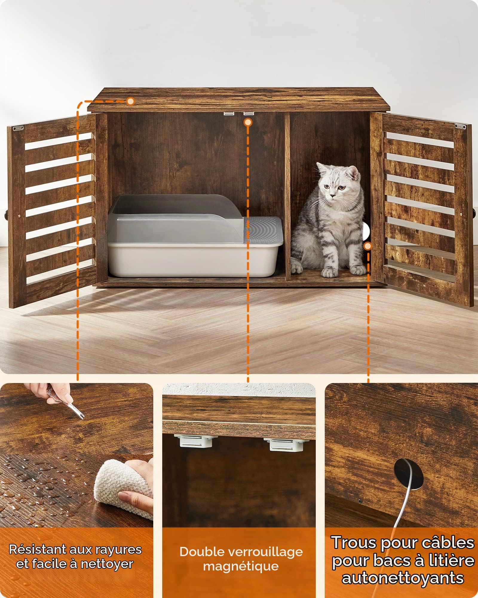 Feandrea Maison de Toilettes pour Chats, Cache-litière, Table d'Appoint, Niche pou Chats, avec Portes Persiennes, Entrée Arrondie, 80 x 53 x 49 cm, Marron Rustique PCL003X01