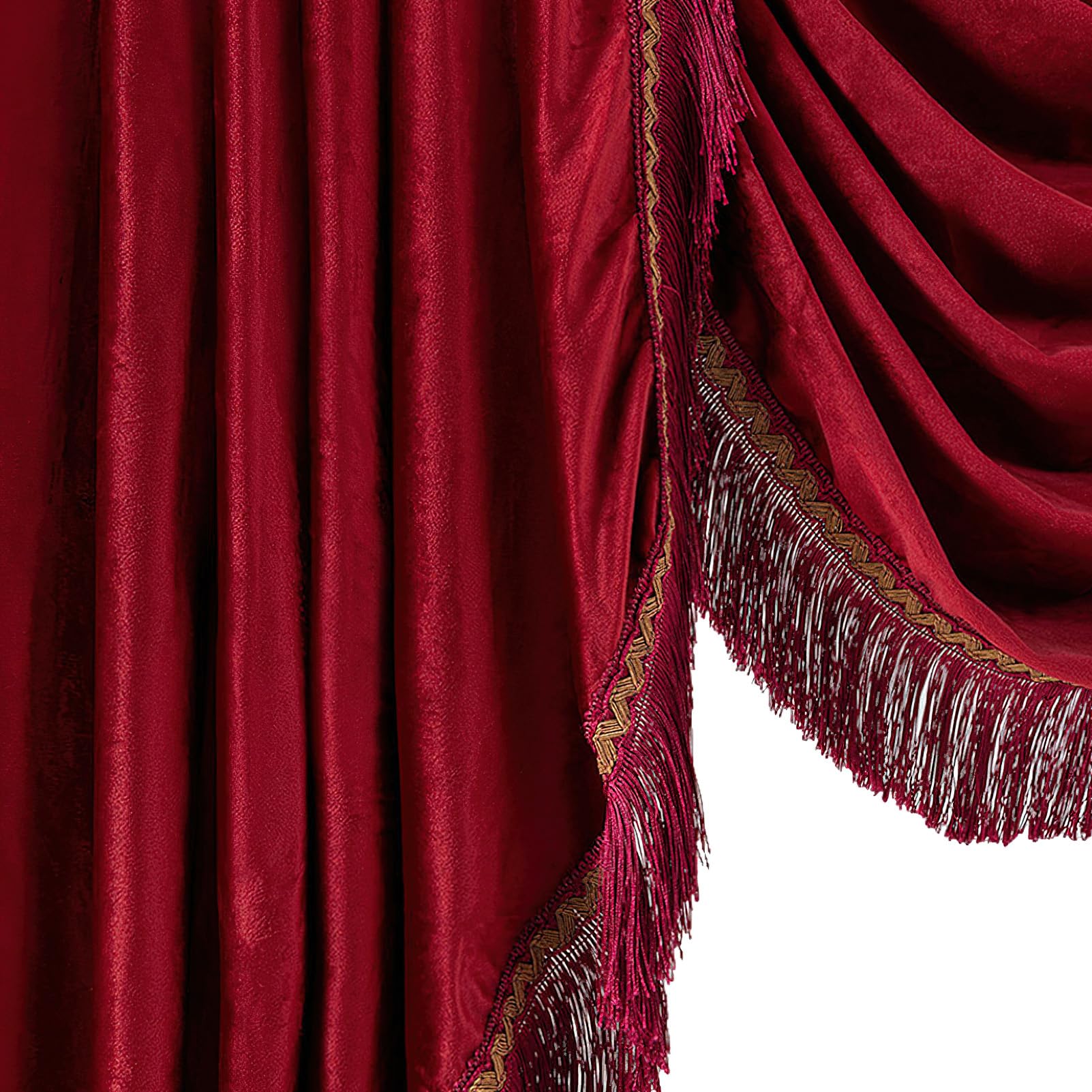 Cantonnière en velours avec pompons pour fenêtre - Motif cascade - Rouge - Pour salon, chambre à coucher - 124 x 155 cm (H x l)