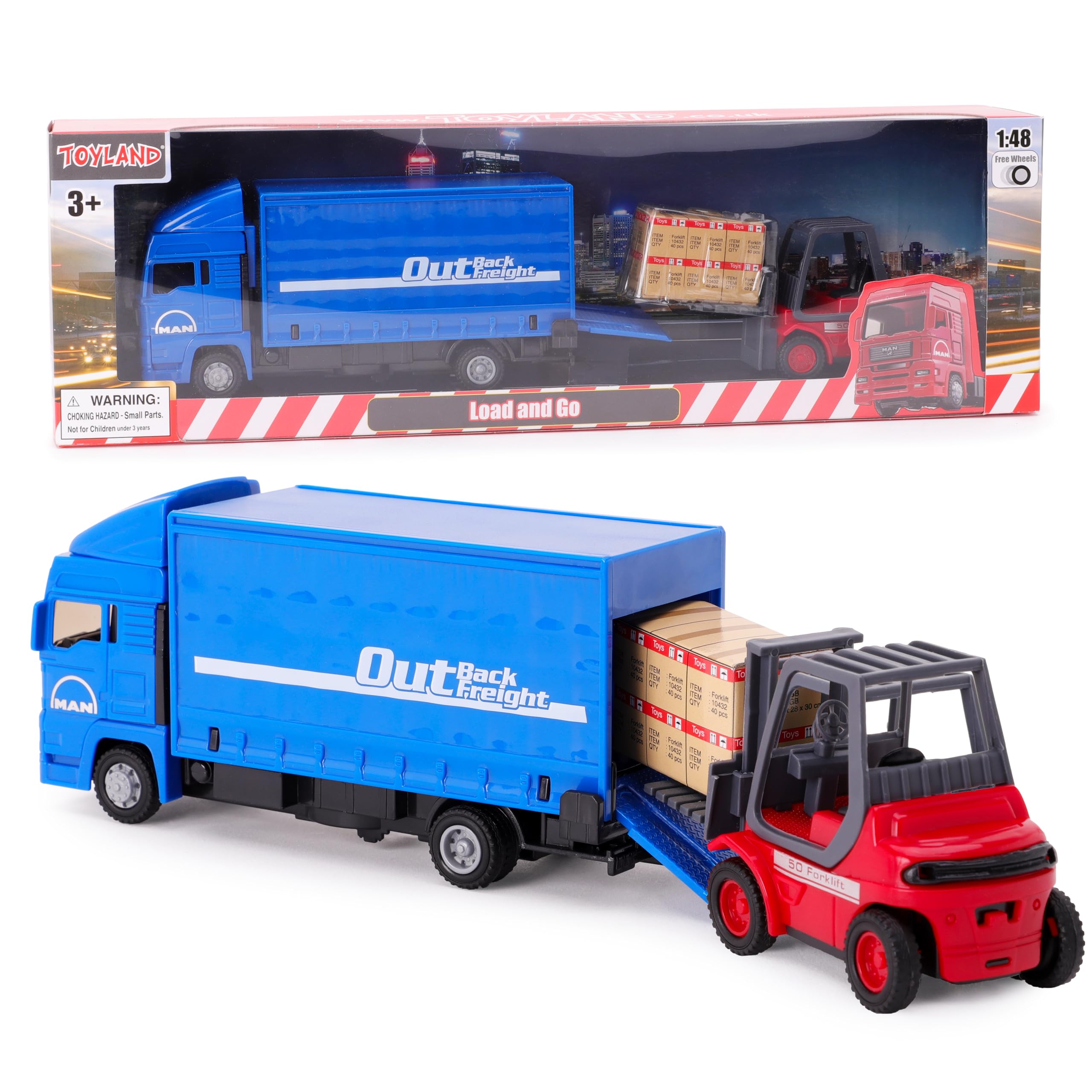 Toyland® 15cm (6") Set di veicoli Load & Go - Camion merci MAN con carrello elevatore e pallet - Giocattolo camion da trasporto - Scala 1:48 con costruzione in metallo e plastica - Età 3+ (Blu)
