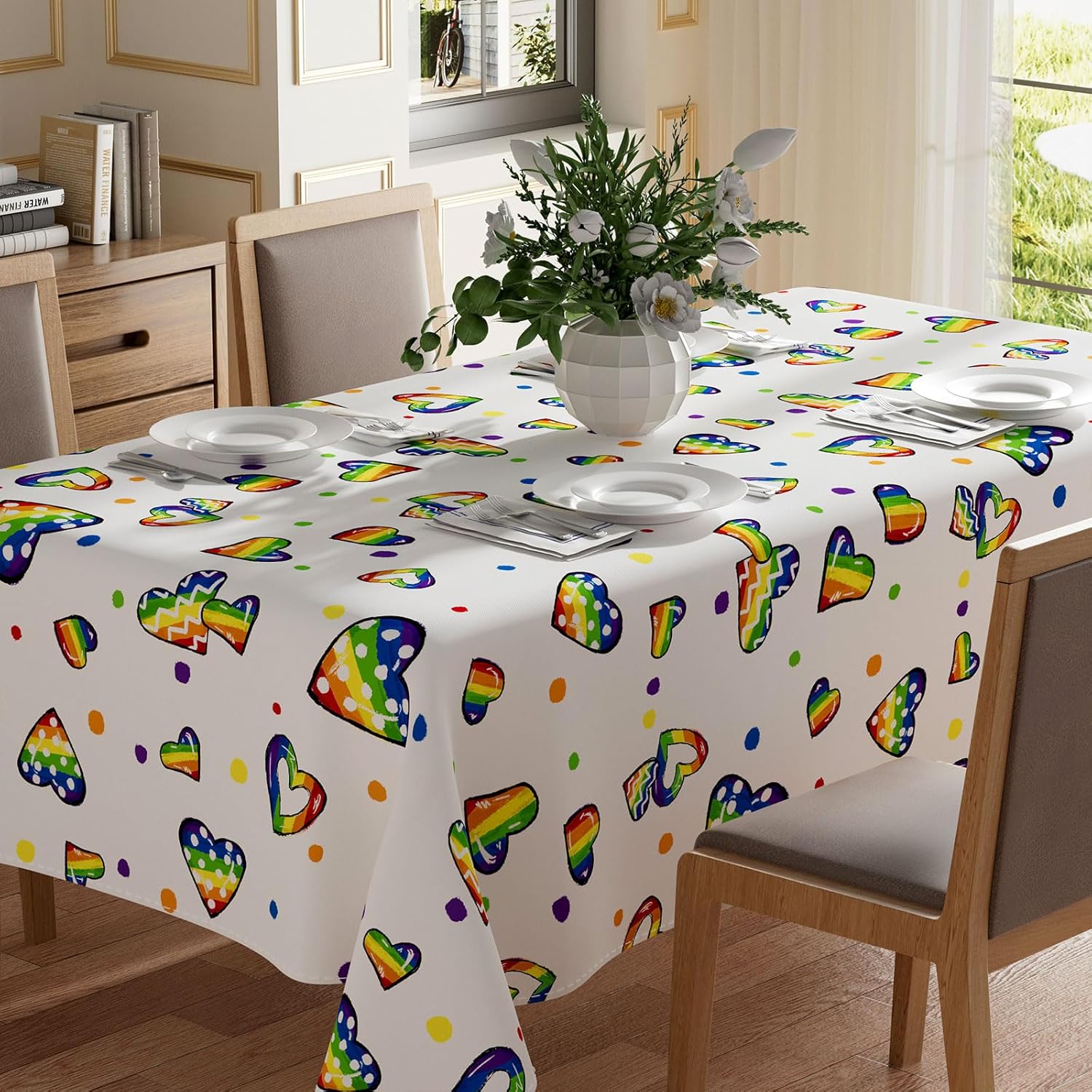 XCHI Rainbow Love Heart Dots LGBTQ Tablecloth Rectangle Pride Day Inclusion Lesbian Gay Bisexual Transgender Queer Homosexual Equality for Indoor Outdoor Dining Home Party Decorations 60x84 Inch 84" x 60" (Rectangular)