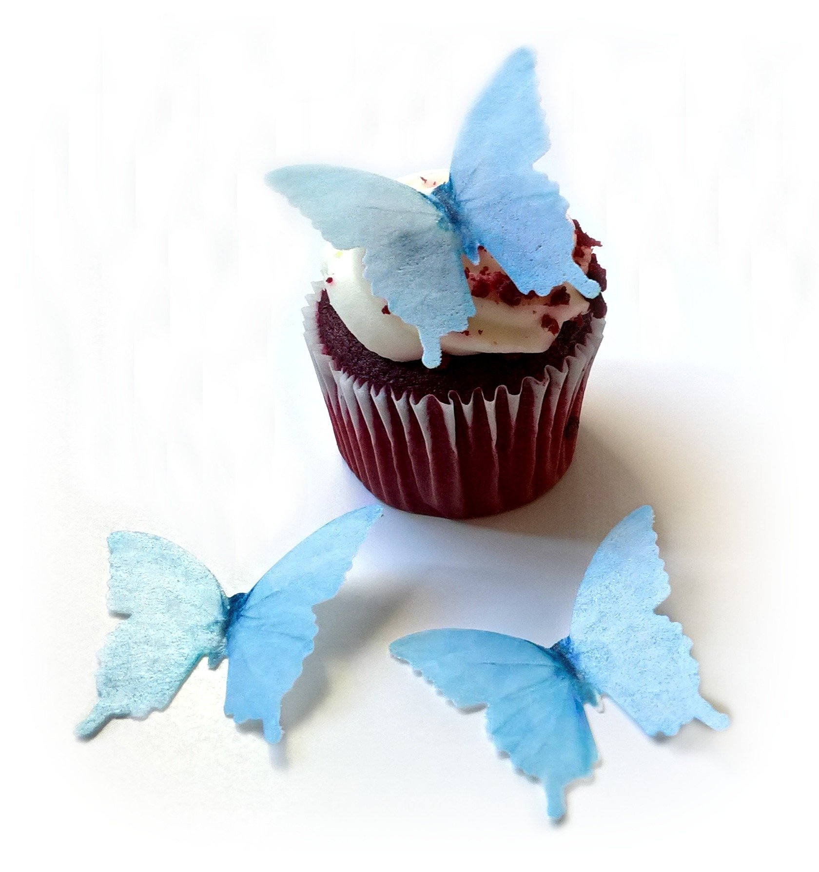 Pastellfarbene hellblaue Oblaten mit Schmetterlingen, 4,4 cm, zum Dekorieren von Desserts, 24 Stück