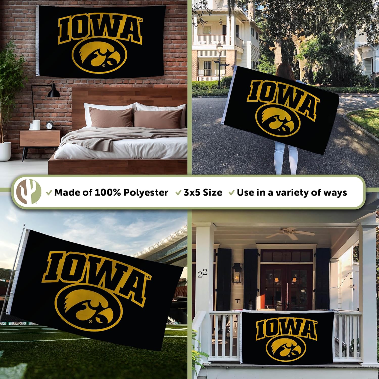 Desert Cactus University of Iowa UI Flag - 3 x 5 Feet Hawkeyes Banner Indoor Outdoor Durable Fabric 100% Polyester Design (Style 7) - Image 3