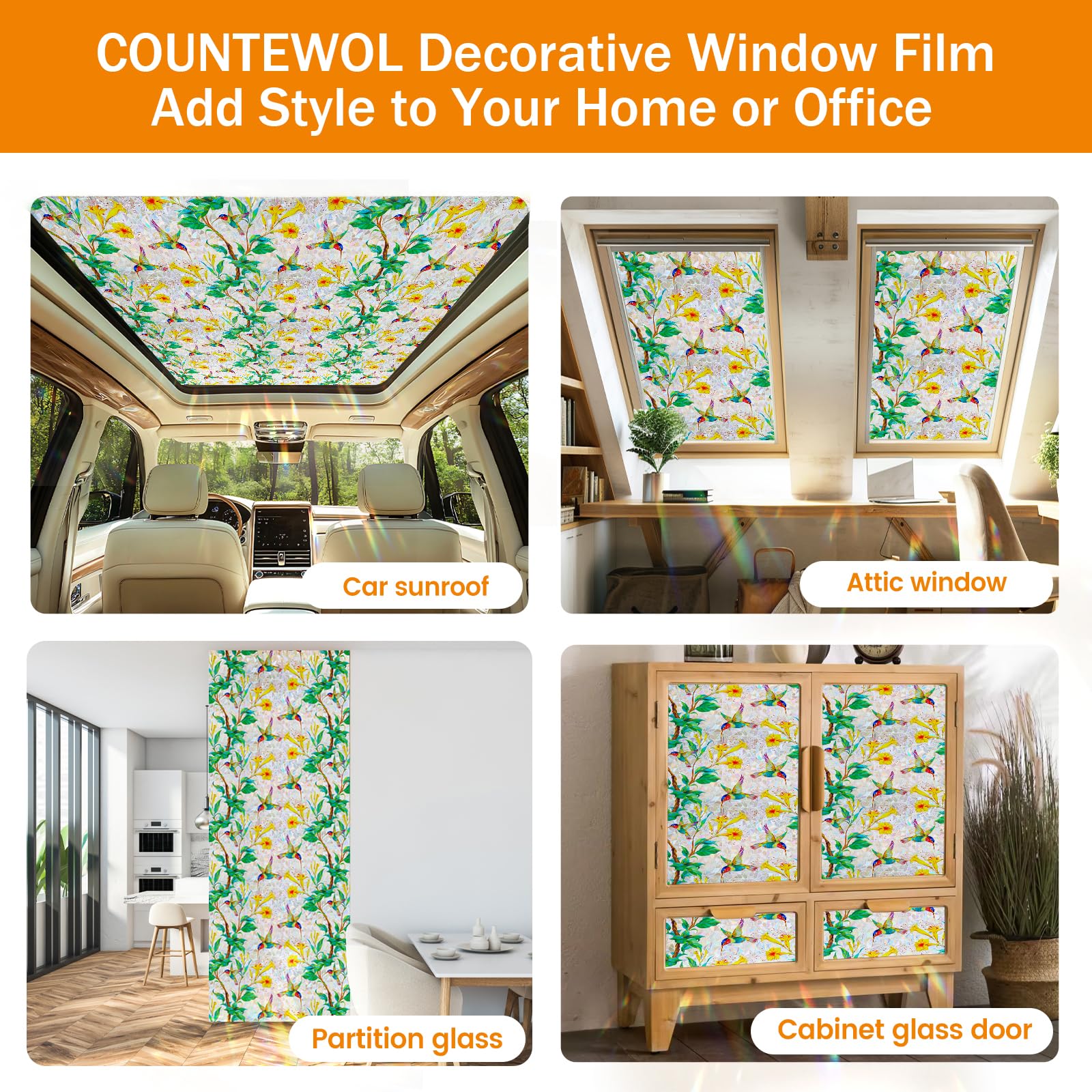 COUNTEWOL Bunte Sichtschutzfolie mit Vogel- und Blumenmuster, Buntglas-Fensterfolie, Regenbogen-Fensterfolie, nicht klebend, wiederverwendbar, dekorativ für Zimmer, Kolibriblüte, 44,5 x 499,8 cm