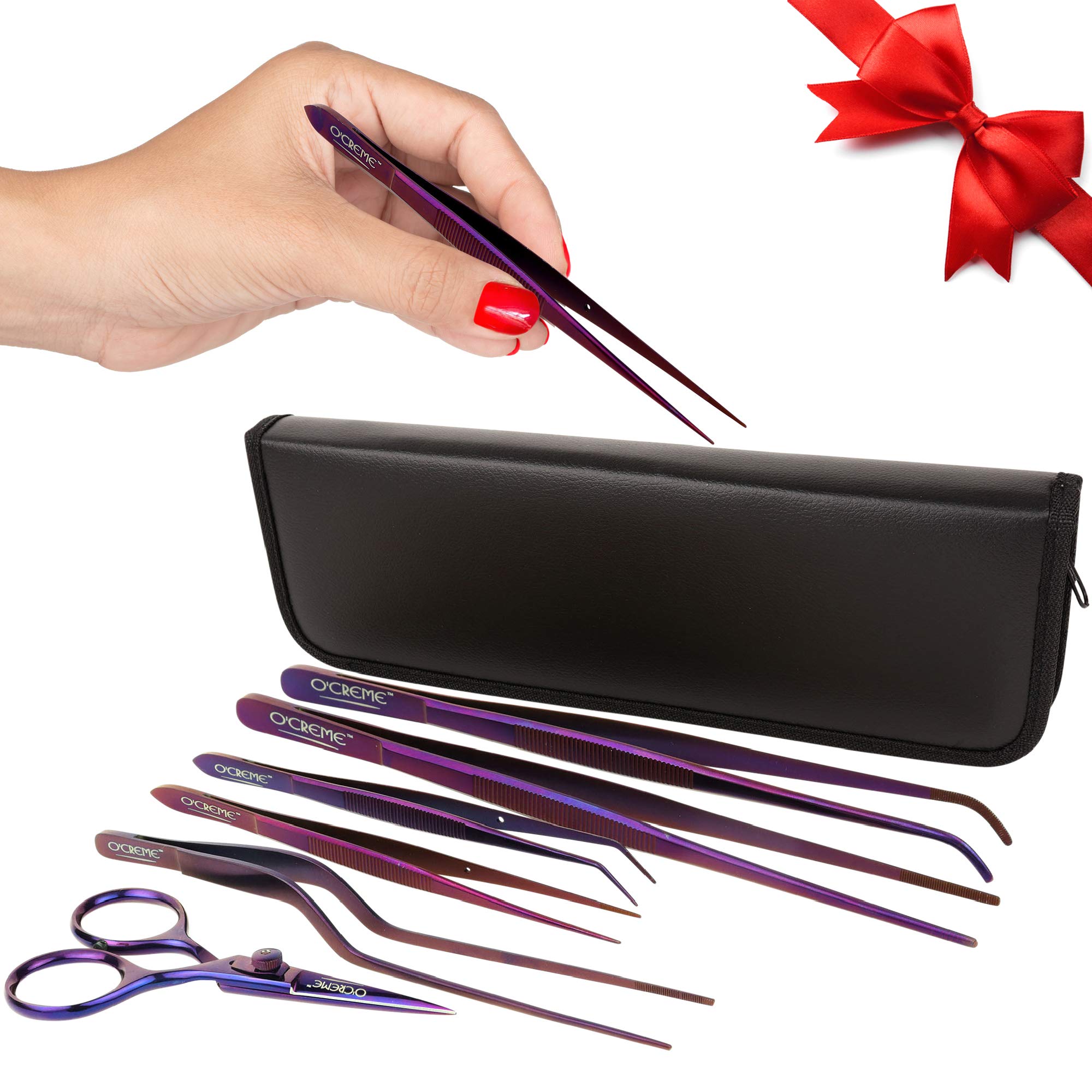 O'Creme Set of Culinary Tweezer Tongs Offset, Straight and Curved, Plus Super Sharp Chef Scissors, Total 6 Pieces (Purple)