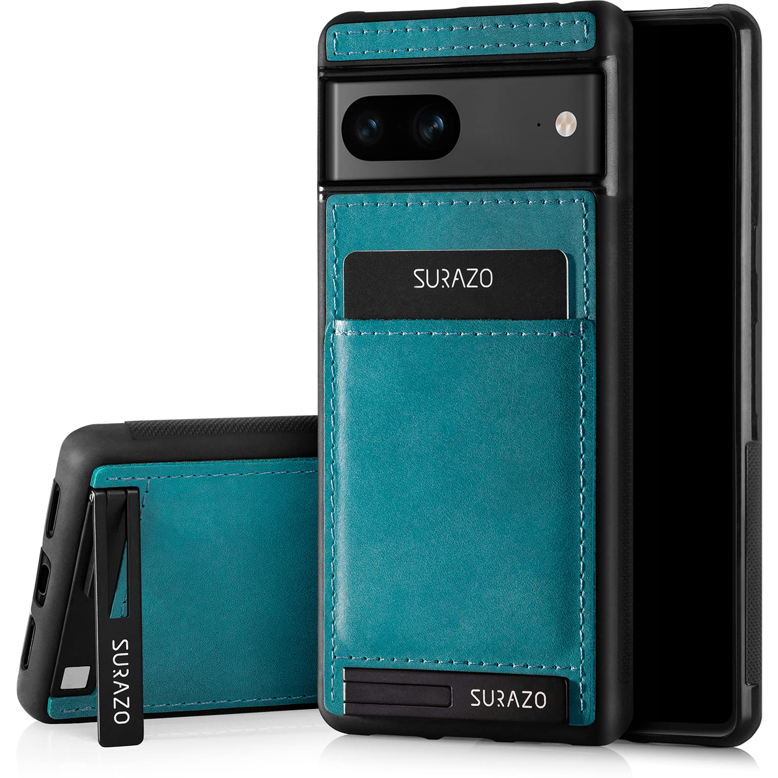 SURAZO Custodia posteriore in vera pelle per Google Pixel 7A, resistente agli urti, con scomparto per carte di credito, funzione leggio, portachiavi vintage slim bumper (turchese)