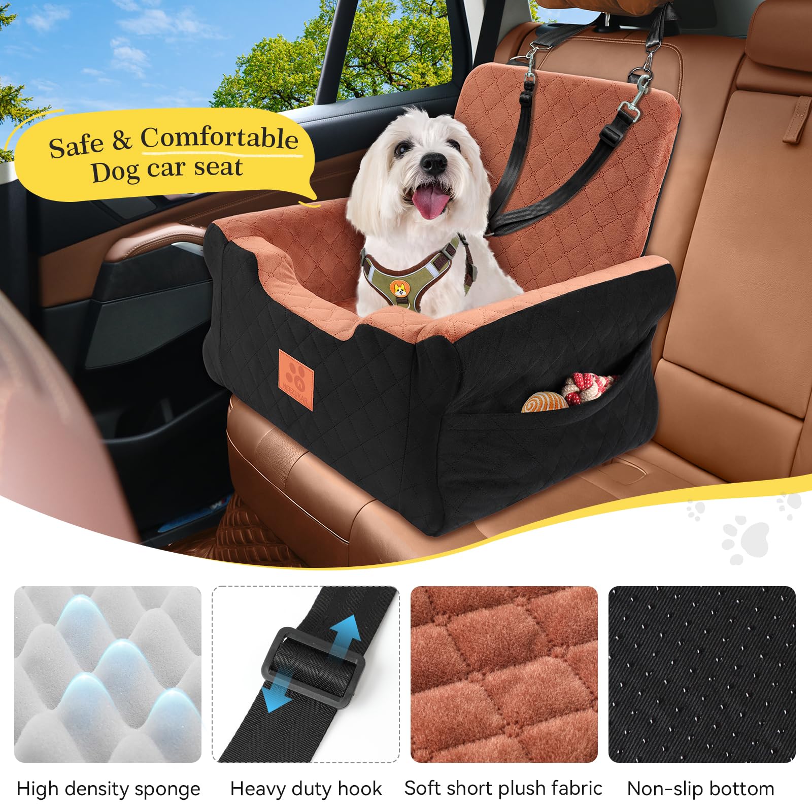 GL GLENSLAVE Asientos de coche para perros pequeños y medianos, asiento elevado de espuma viscoelástica para perros, asiento de coche desmontable lavable para mascotas con cinturones de seguridad y