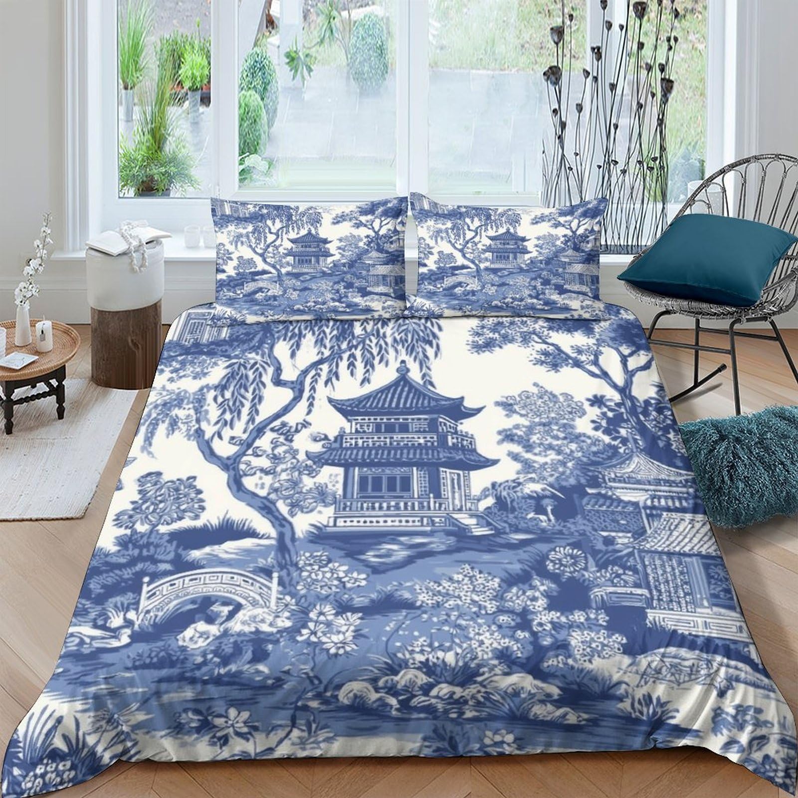 Ctjqhvkz Style-3 3D Printed Blue Oriental Pagoda Fitted Sheet Microfiber Soft Non Slip Landscape Bed Cover For Bedroom Guest Room Decor Single（135X200cm）