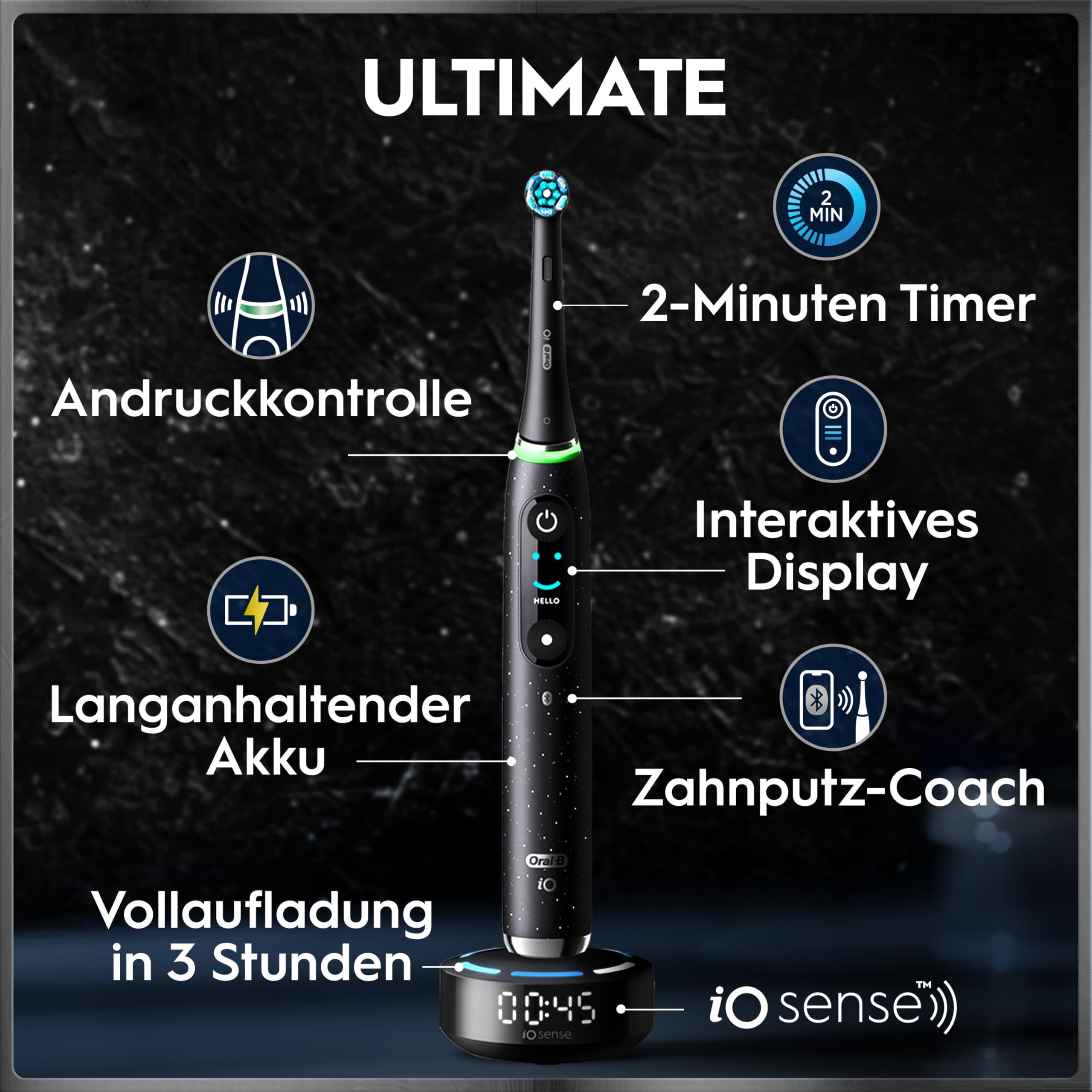 Oral-B iO Series 10 Elektrische Zahnbürste — Electric Toothbrush, Inkl. 3 Aufsteckbürsten, iOSense, Lade-Reise-Etui — 7 Putzmodi für Zahnpflege, Zahnbürste Elektrisch, Designed by Braun, Schwarz - 5