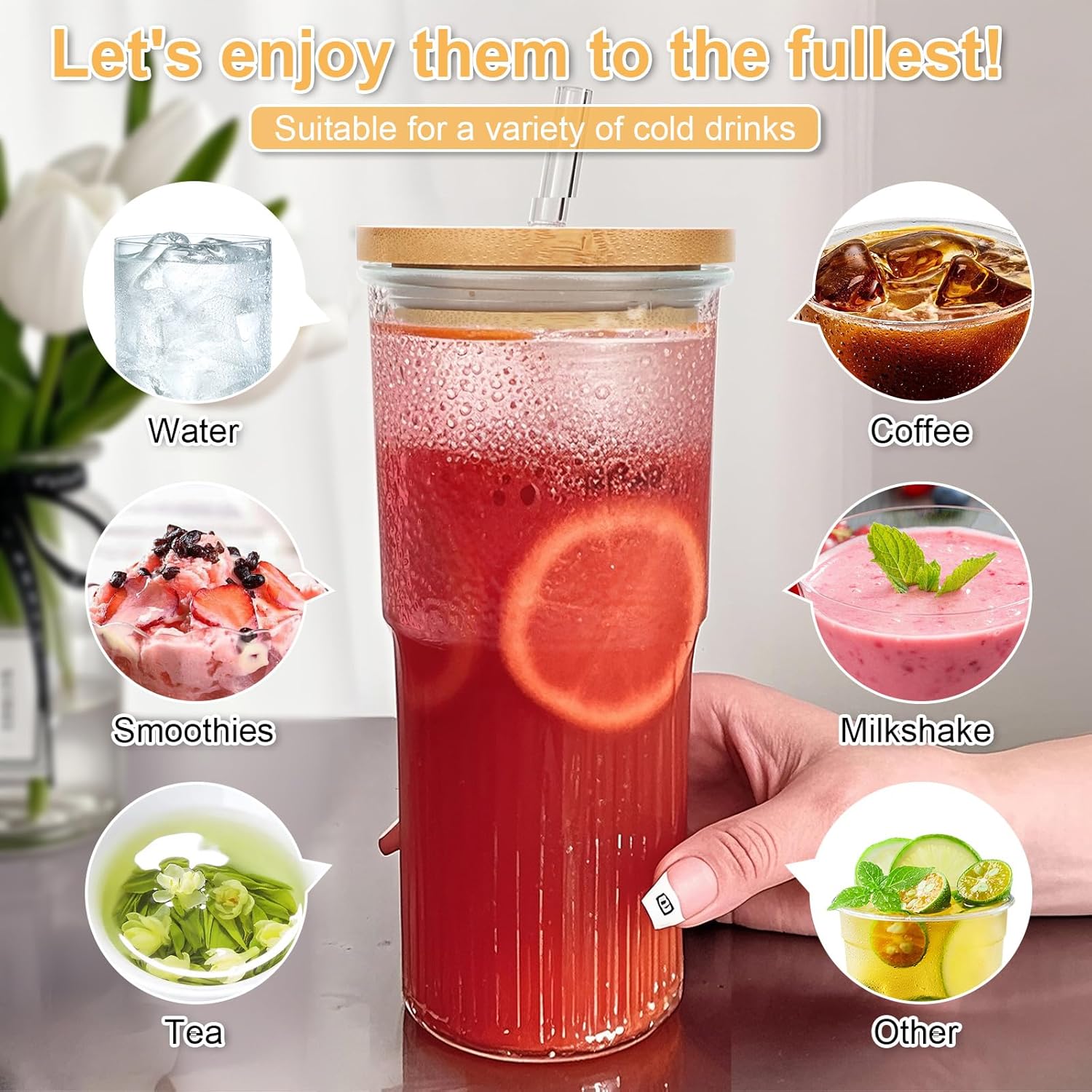 32oz Ribbed Glassware Large Cup, Glass Cups With Lids And Straws,Iced Coffee Cups With Lids,Glasses Drinking Set,Cute Cups,Boba Cup,With Straw Brush,Ideal Gift-2PCS - Image 3