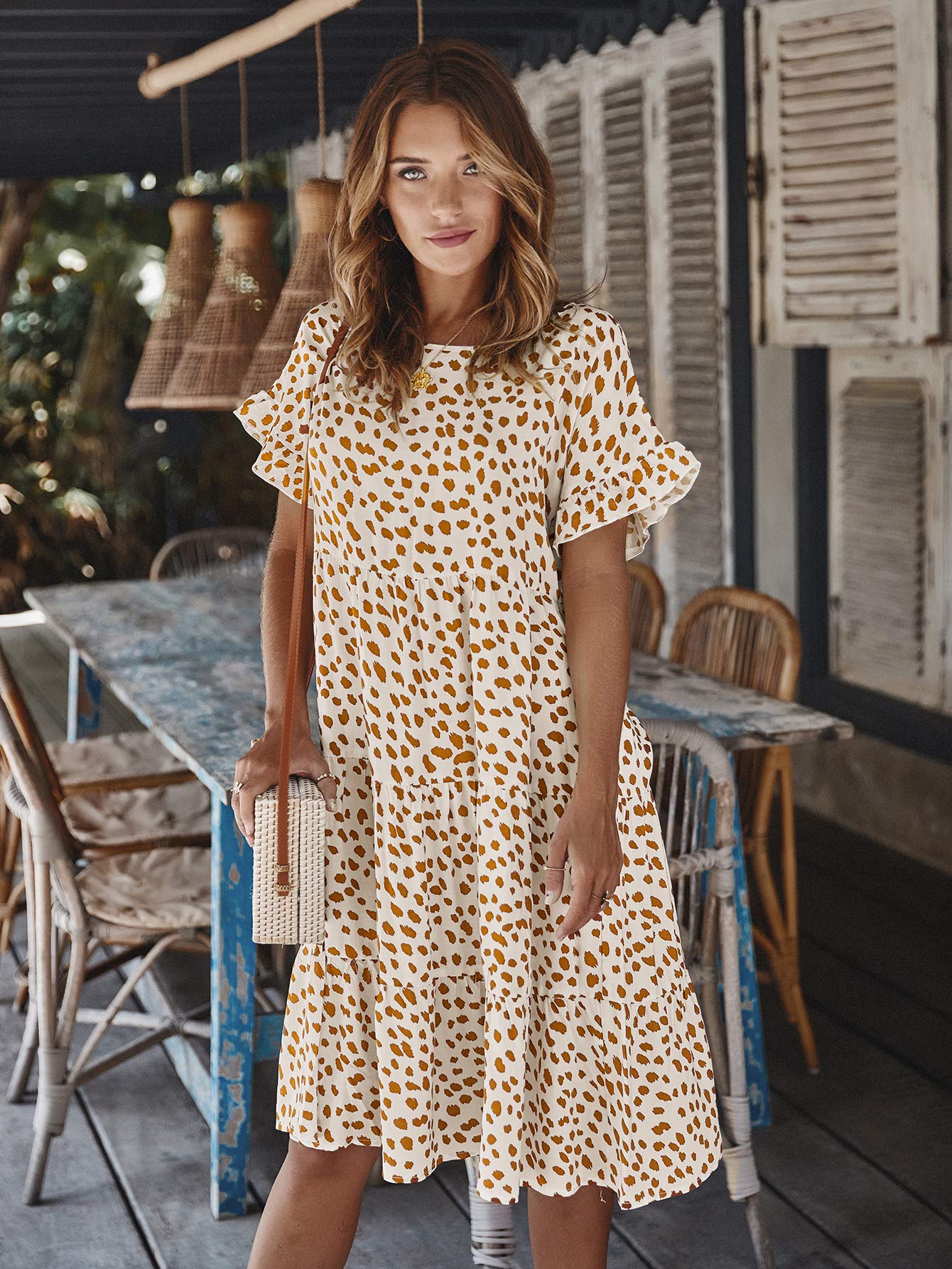 MessBebe Abito Donna Casual a Maniche Corte Vestito Donna Corto a Girocollo con Ruches Abito Elegante Estivo Primavera Mini Abito da Spiaggia