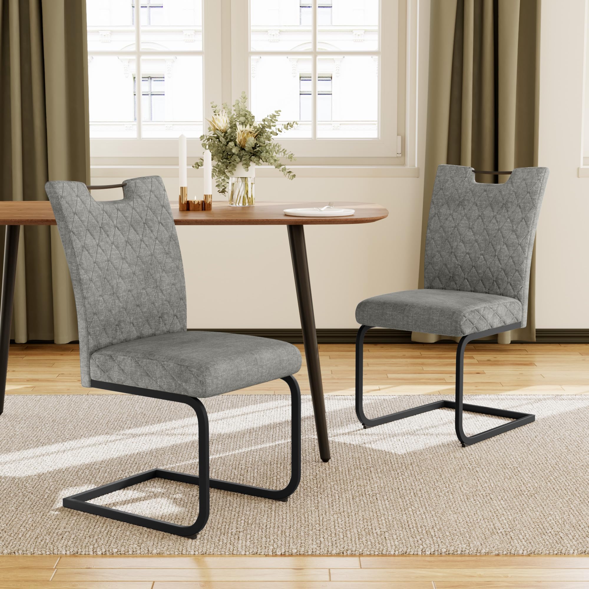 JIEXI Schwingstuhl Esszimmer 4er Set – Freischwinger Polsterstuhl mit extra dickem Sitzkissen, Stoffbezug Grau & gesteppter Rückenlehne, Metallkufen stabil, bis 113 kg (Hellgrau 4 Stühle)