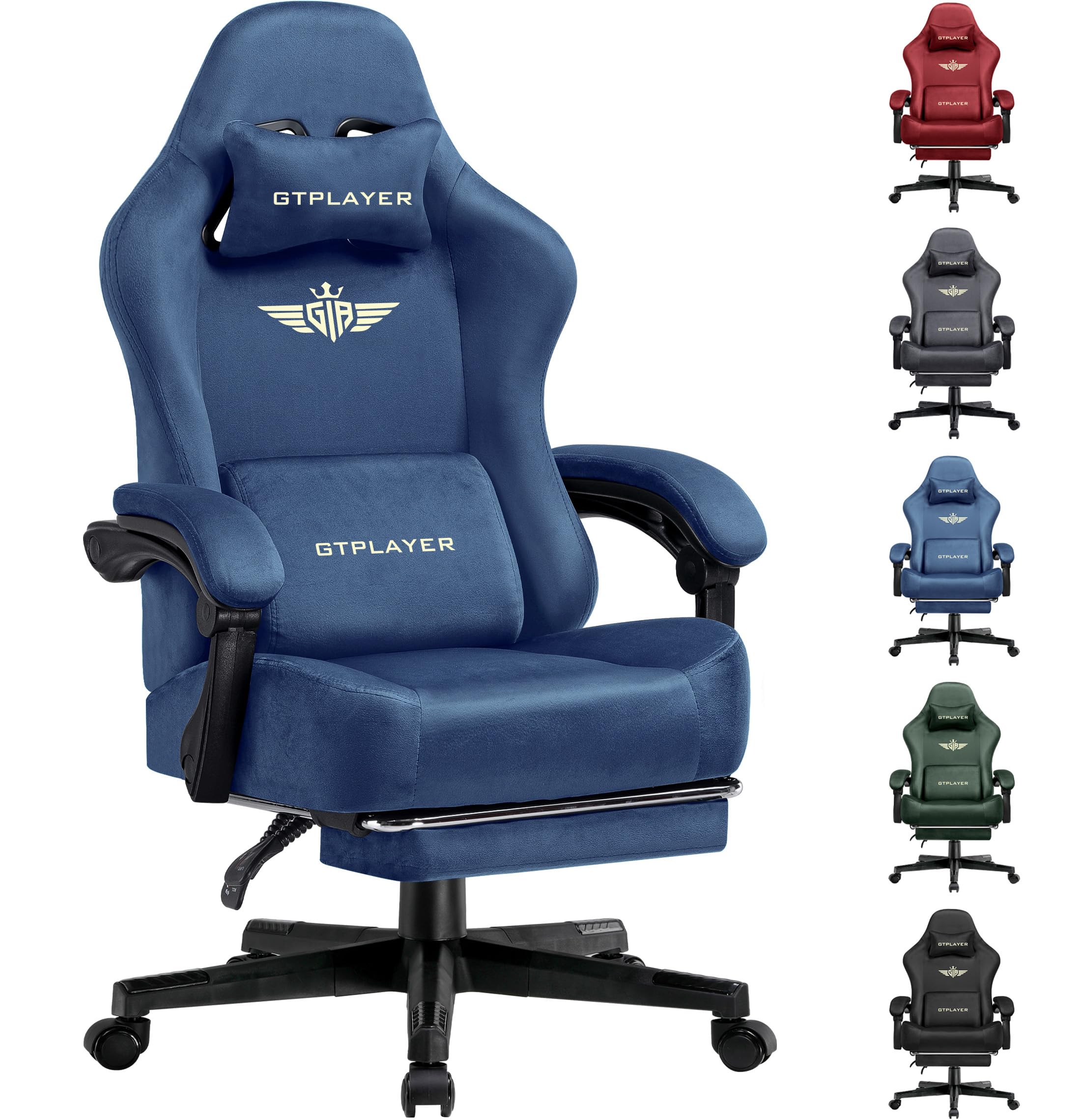 GTPLAYER Fabric Gaming Chair, Ergonomic Computer Chair with Footrest and Lumbar Support Height Adjustable Home Office with 360°-Swivel Seat and Headrest (Blue) — image 1