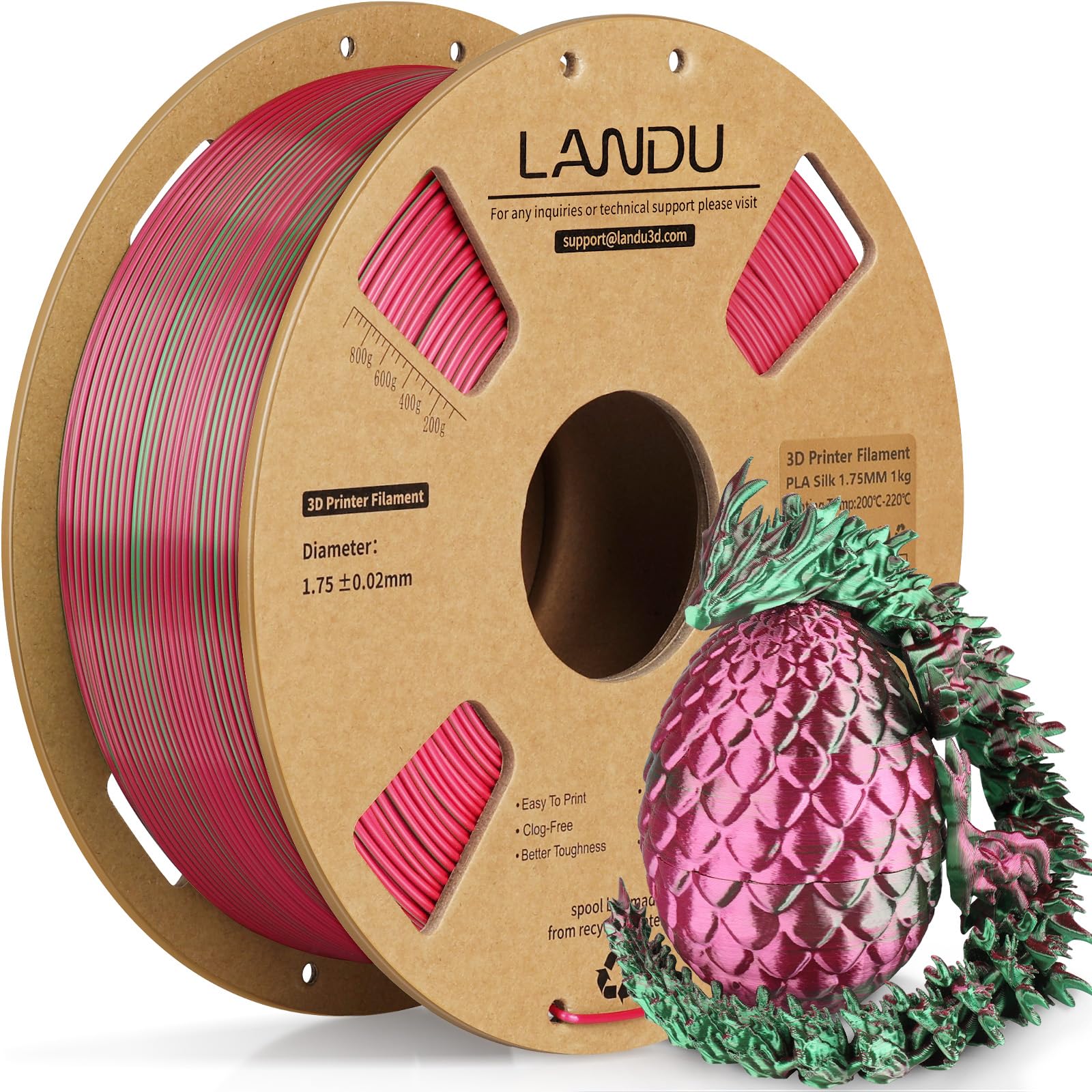 LANDU Silk Dual Color PLA Filament 1.75mm 1KG, 3D Printer Filament Dimensional Accuracy +/- 0.02mm, Coextrusion Filament PLA Shiny Filament Fits for Most FFF 3D Printers,1KG Spool (2.2lbs) Red Green