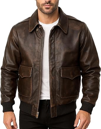 LP-FACON Mens A2 Flight Jacket Aviator Pilot Air Force Distressed Brown Bomber Leather Outerwear