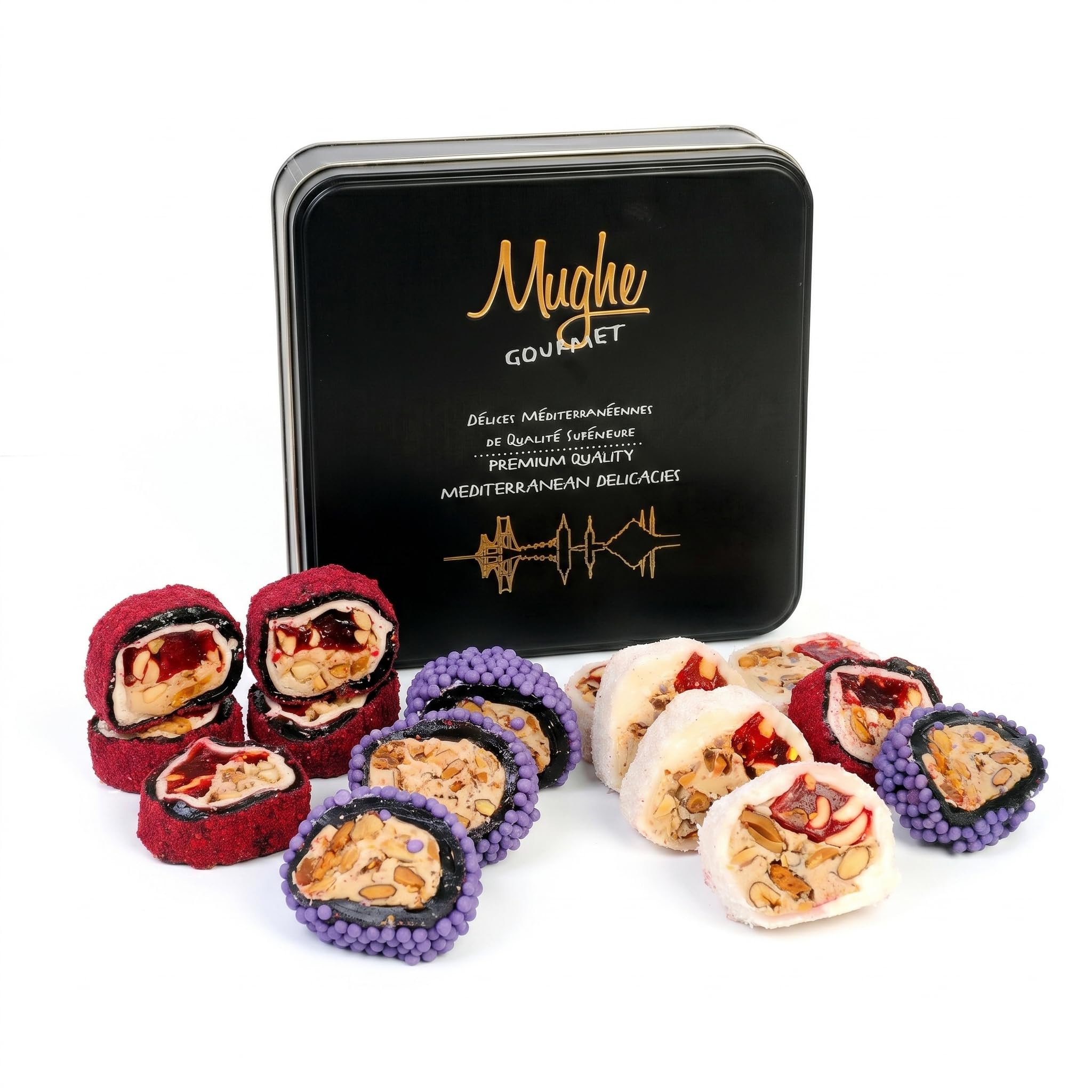 Mughe Gourmet Lokum, turecka rozkosz z kremową skórką, 350 g pudełko prezentowe z metalu