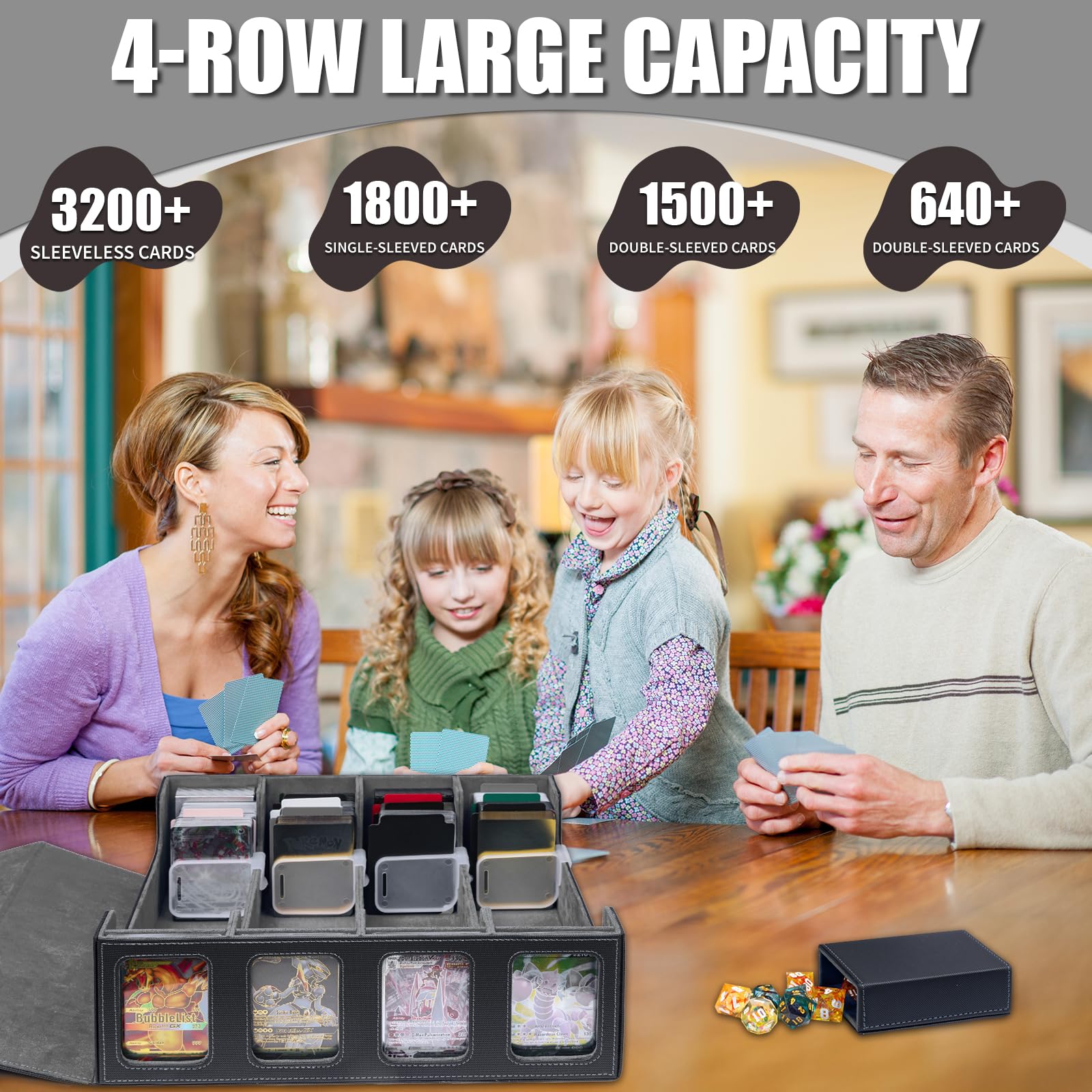 3200+ Trading Card Storage Box, MTG Commander Deck Box with Window Dice Tray, 4 Card Sleeves & 4 Supporters & 30 Dividers, Black Grey