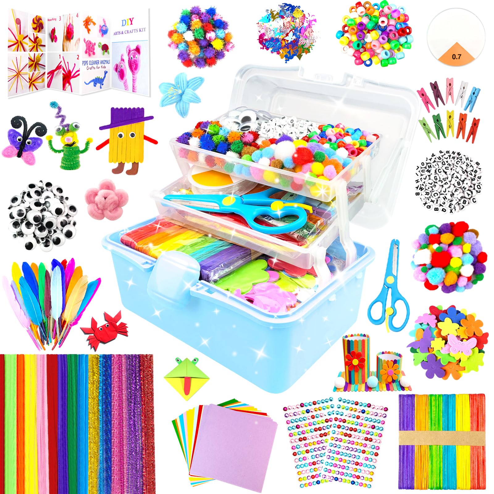 3000 Arts and Crafts Supplies for Kids Craft Kit Craft Box with Pipe Cleaners Arts and Crafts for Kids Age 4-6, 6-8, 8-12 DIY School Supplies Materials Set Toys Gifts for Girls Boys Toddlers, Blue