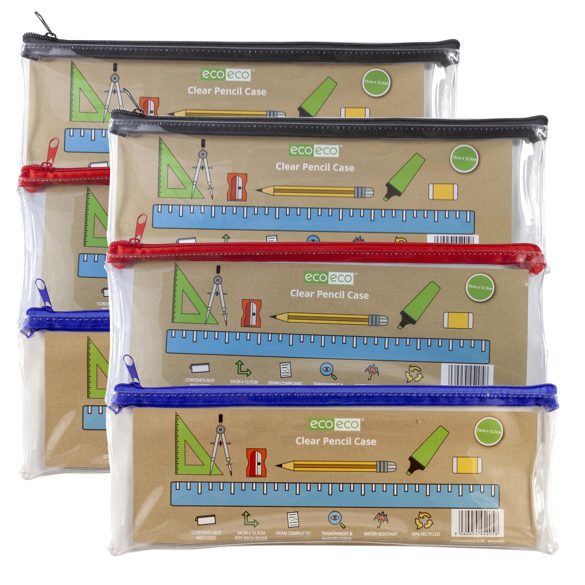 eco-eco 50% Recycled Long Clear Exam Transparent Pencil Case, Coloured Zips, 33cm x 12.7cm, Pack of 3, eco205x6
