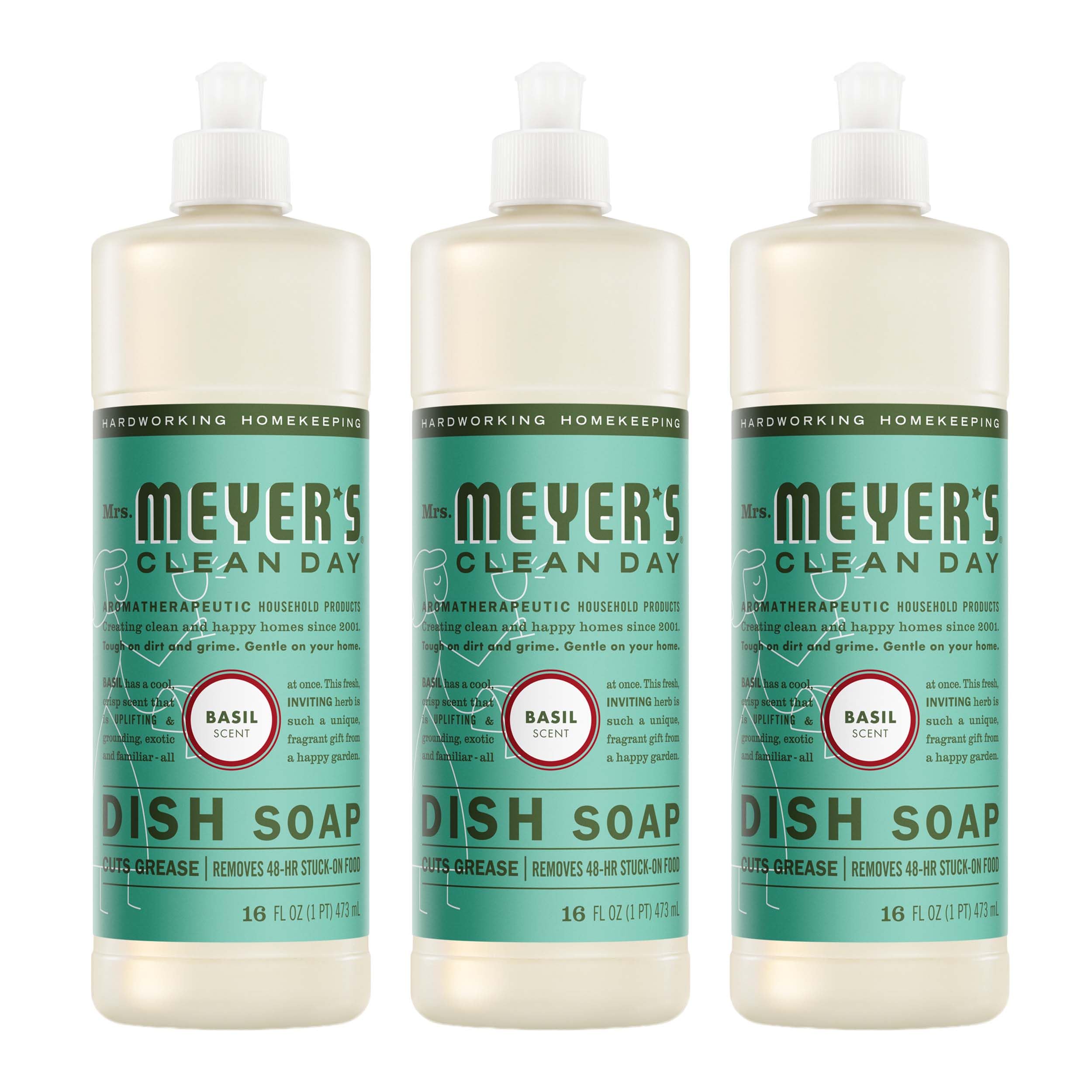 MRS. MEYER'S CLEAN DAY Liquid Dish Soap, Basil Scent, 16 Fl Oz Bottle - 3 Pack