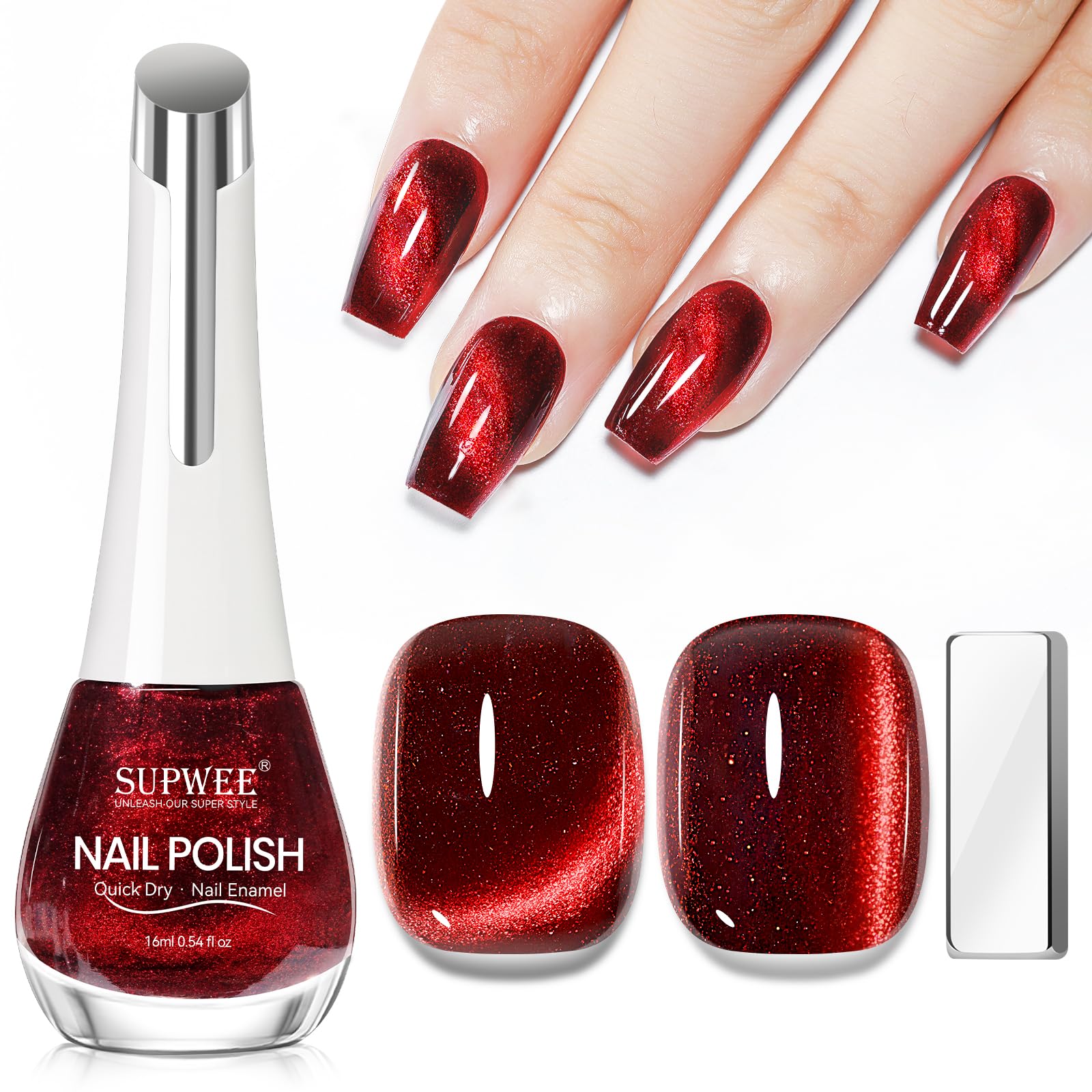 SUPWEE Cat Eye Nagellack Schnelltrocknend 16ML, Rot Magnetischer Nagellack mit Magnet Holografisch Cat Eye Nail Polish Ohne UV Lampe Katzenauge Effekt Home Maniküre DIY Nail Art